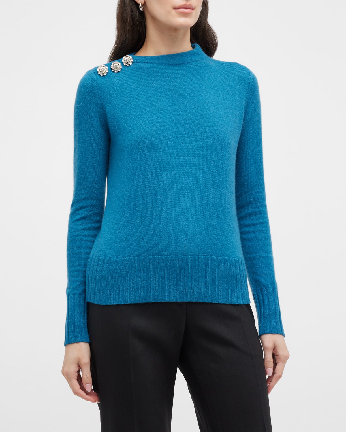 Neiman Marcus Cashmere Embellished Button Boatneck Sweater In Peacock