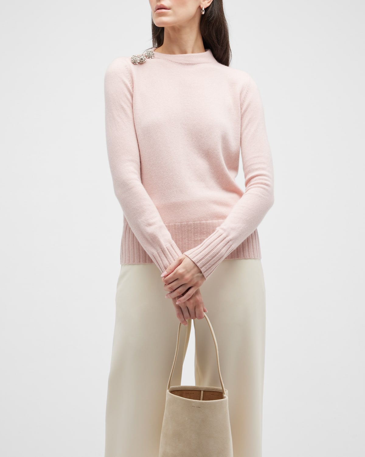 Neiman Marcus Cashmere Embellished Button Boatneck Sweater In Blush