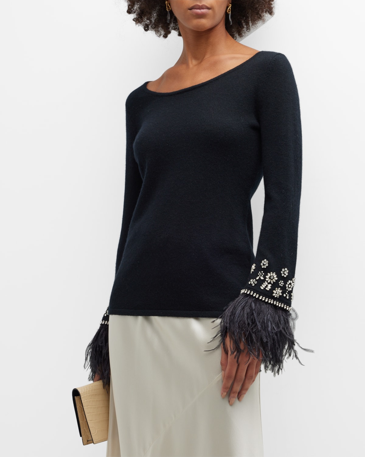 Neiman Marcus Cashmere Embellished Sweater W/ Feather Trim In Black