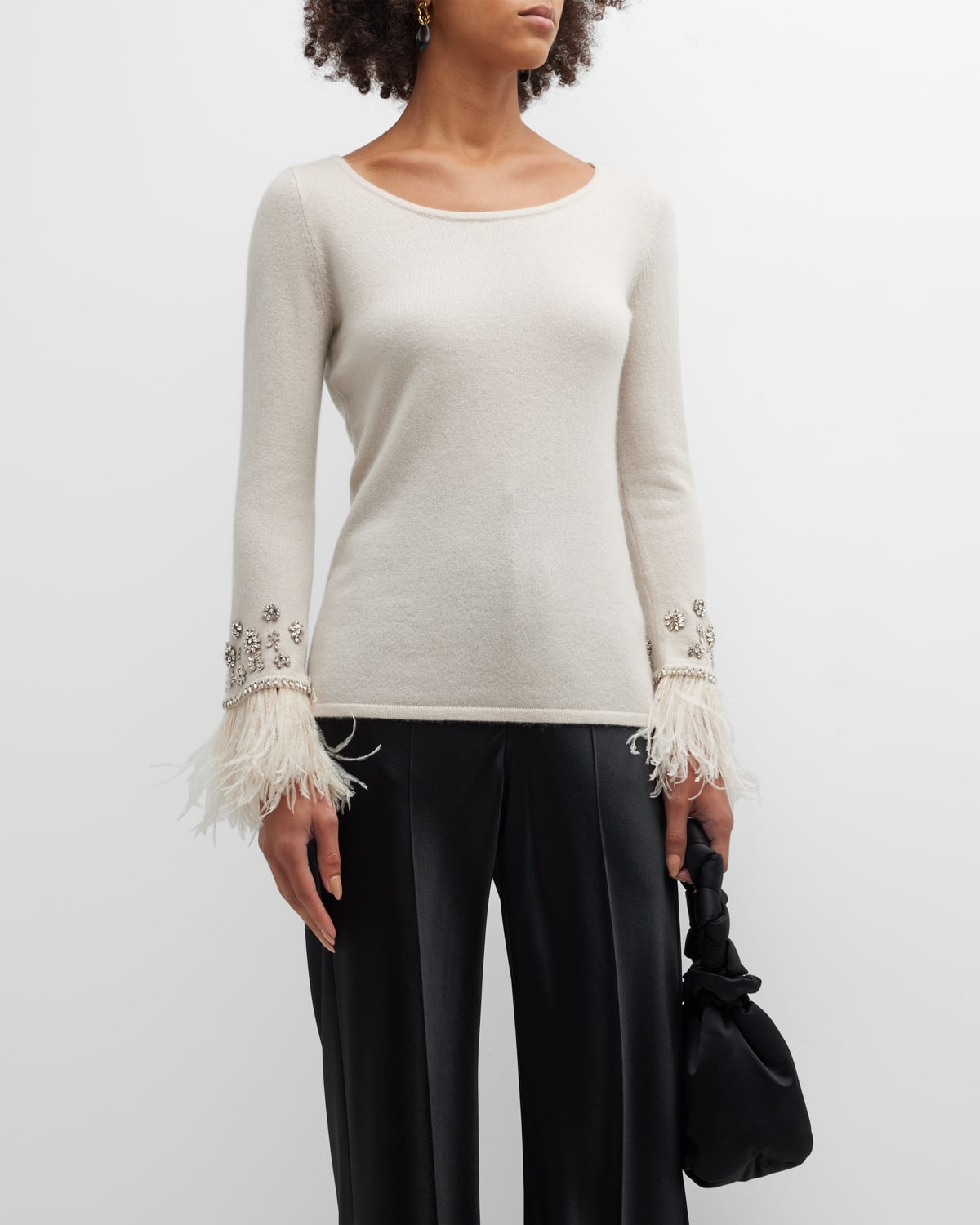 Neiman Marcus Cashmere Embellished Sweater W/ Feather Trim In Bone