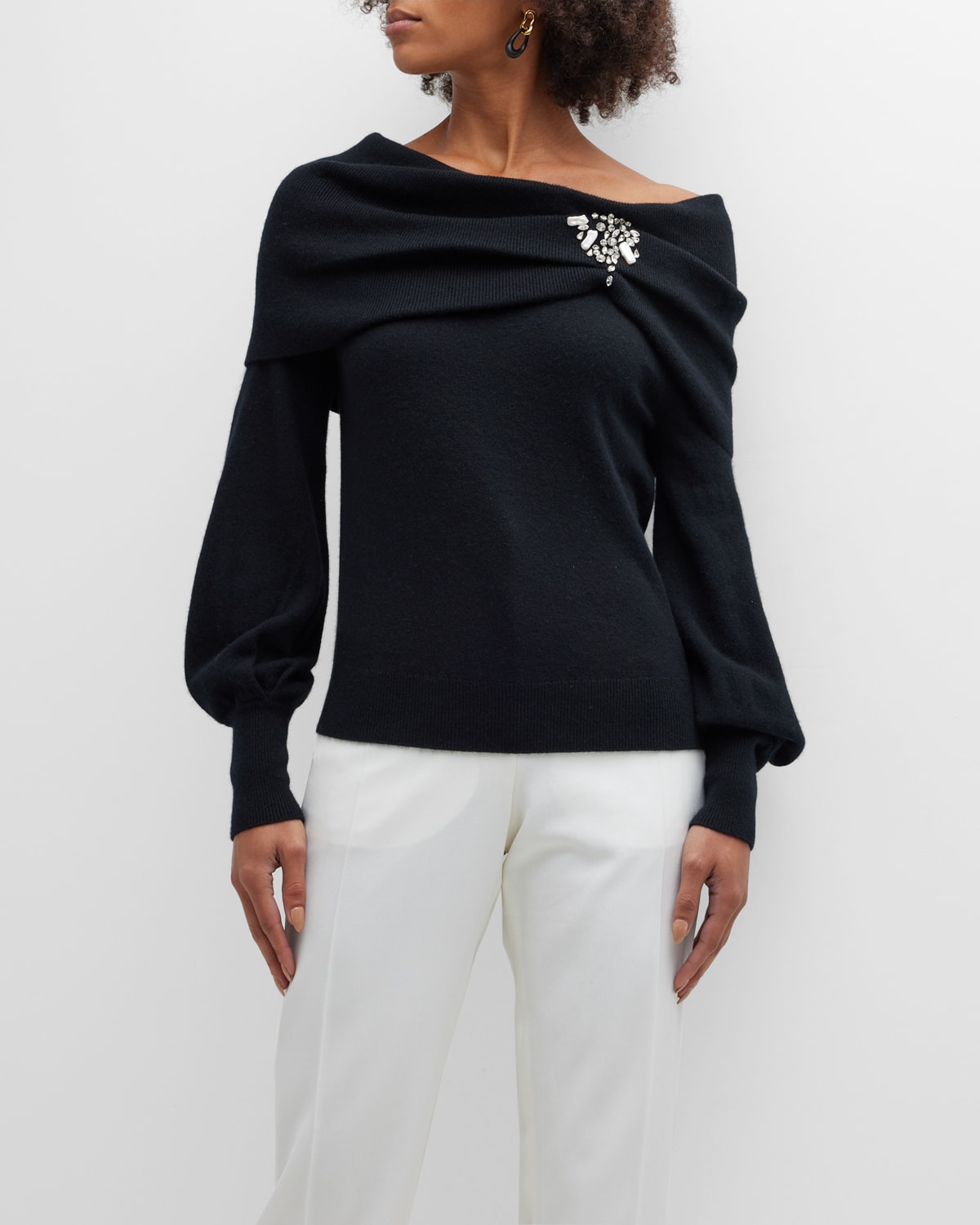 Neiman Marcus Cashmere Off-shoulder Sweater W/ Brooch In Black