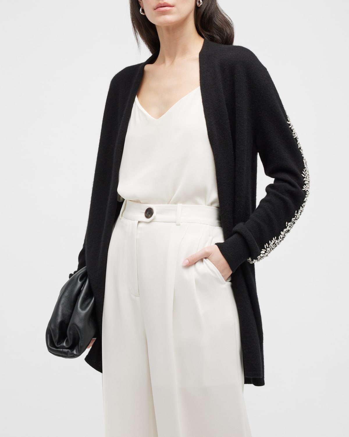 Neiman Marcus Cashmere Embellished Open-front Cardigan In Black