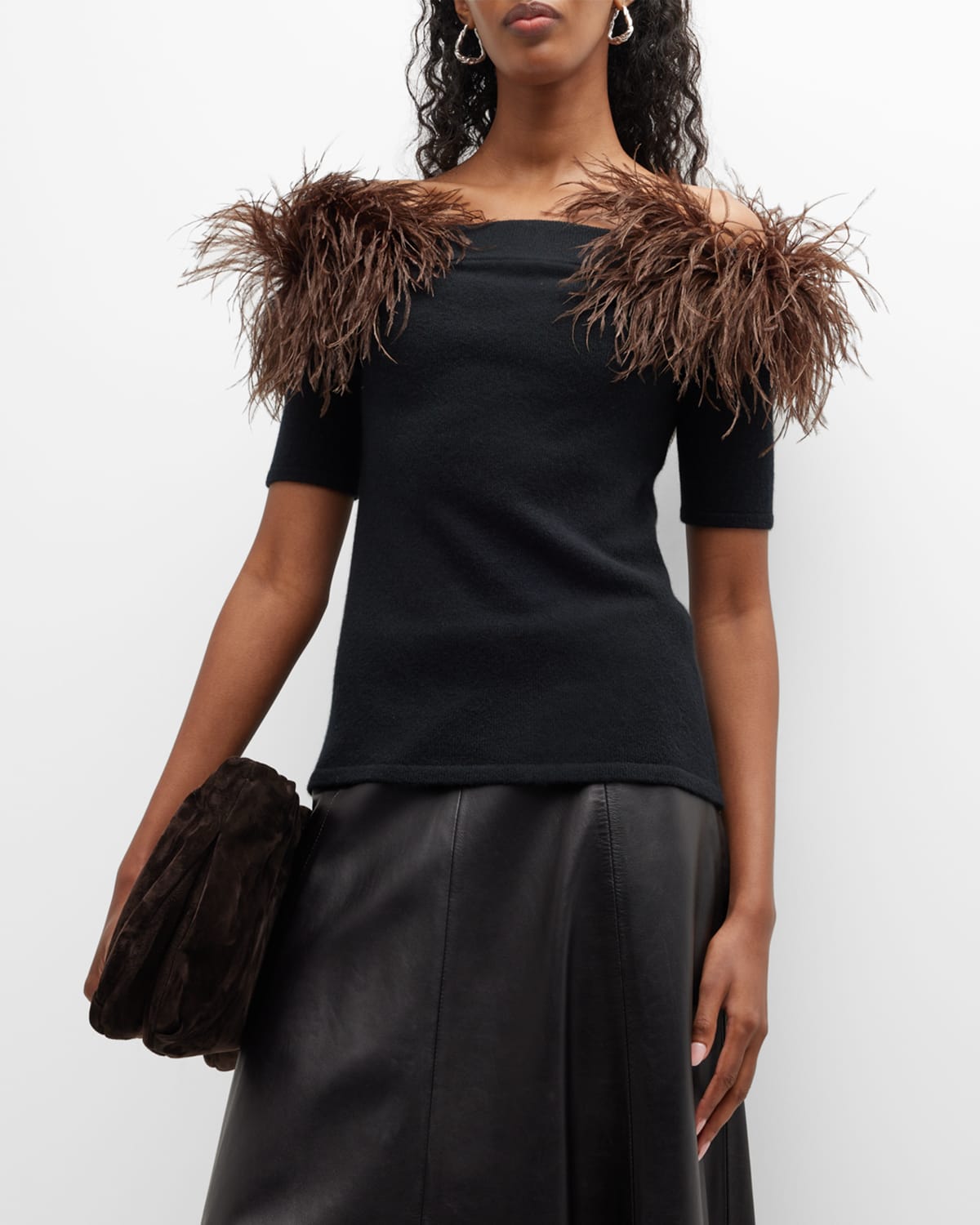Neiman Marcus Cashmere Off Shoulder Top W/ Feather Detail In Black