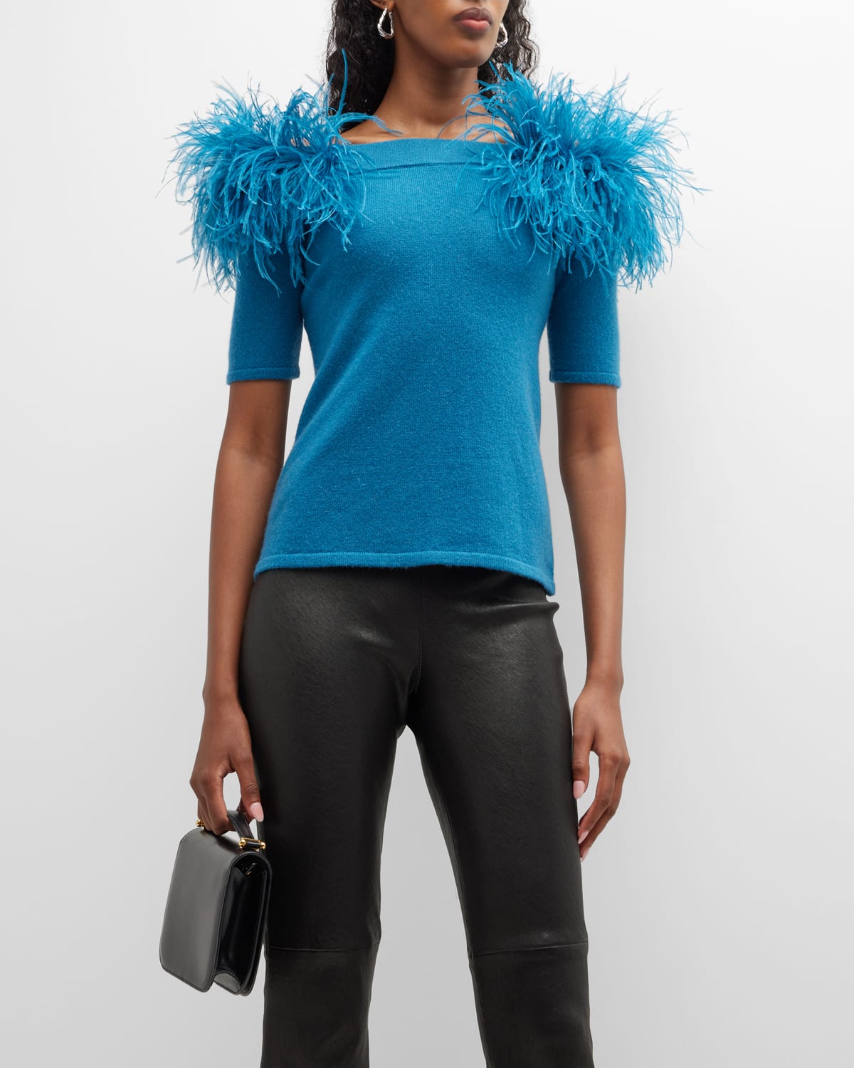 Neiman Marcus Cashmere Off Shoulder Top W/ Feather Detail In Peacock