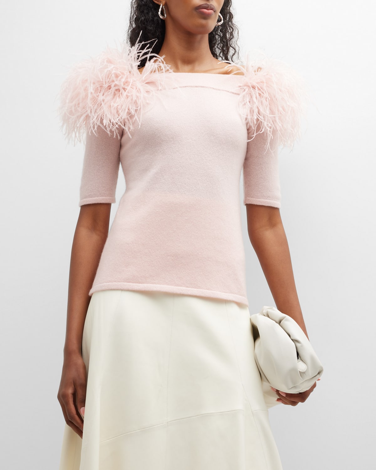 Neiman Marcus Cashmere Off Shoulder Top W/ Feather Detail In Blush