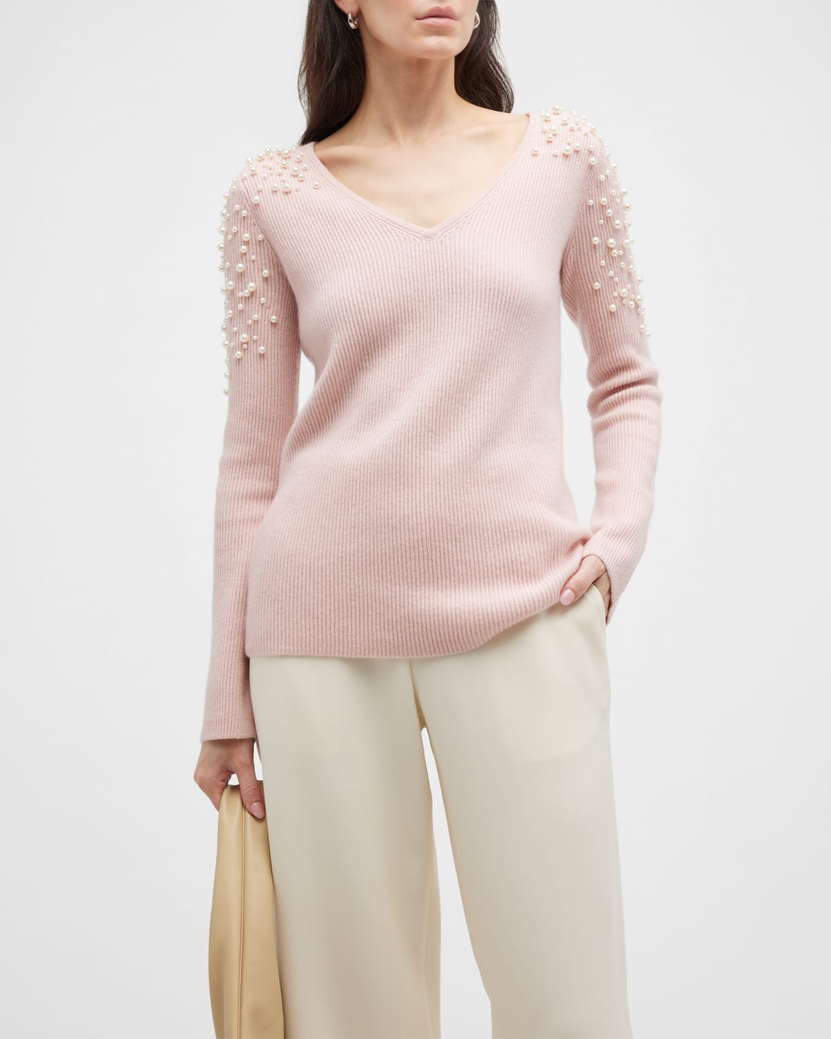 Neiman Marcus Cashmere Pearl Trim Embellished Sweater In Blush