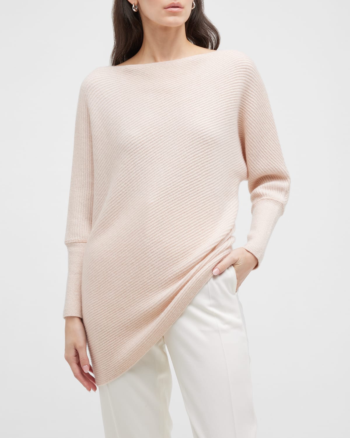 Neiman Marcus Cashmere Asymmetric Ribbed Dolman Sweater In Champagne