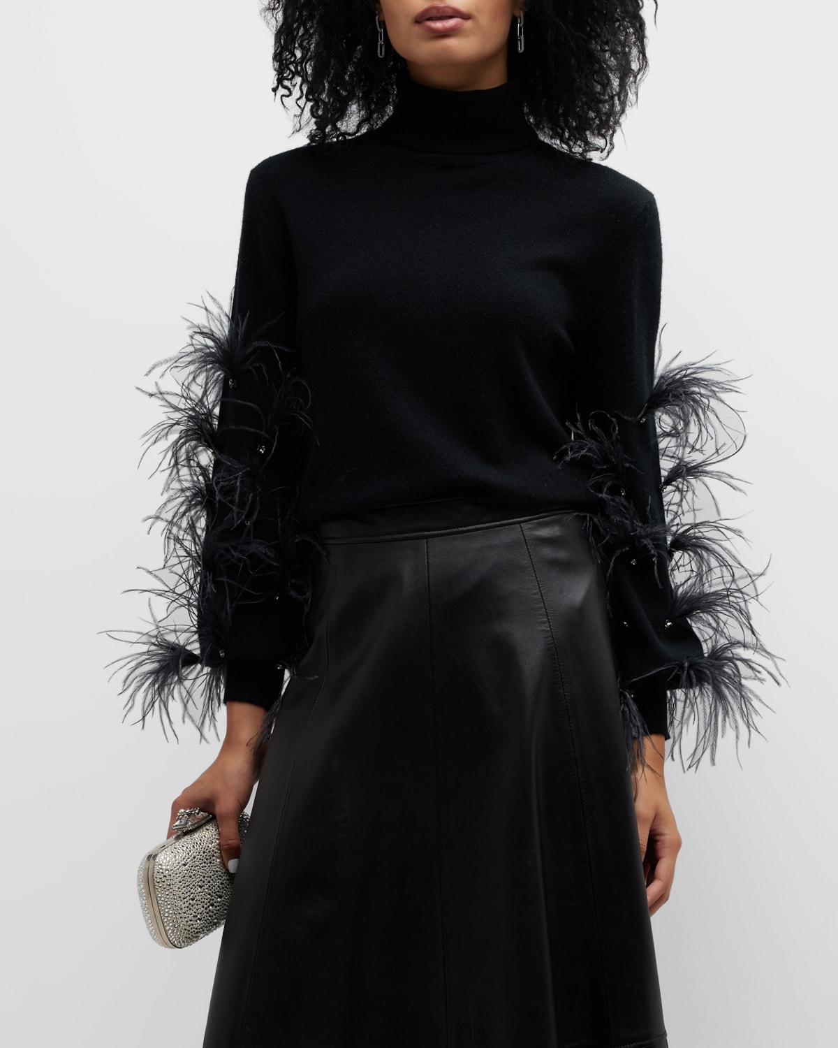 Neiman Marcus Cashmere Turtleneck Sweater W/ Feather Embellishments In Blackgunmetaal