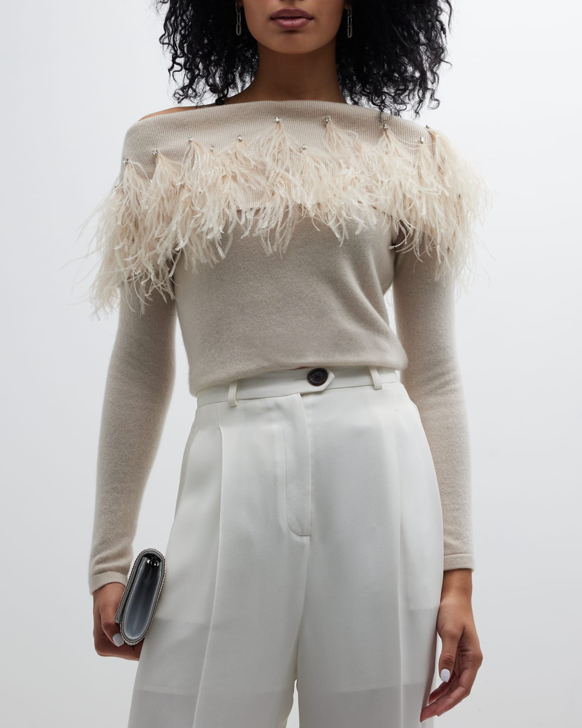 Neiman Marcus Cashmere Off-shoulder Sweater With Feather Trim In Bone ...