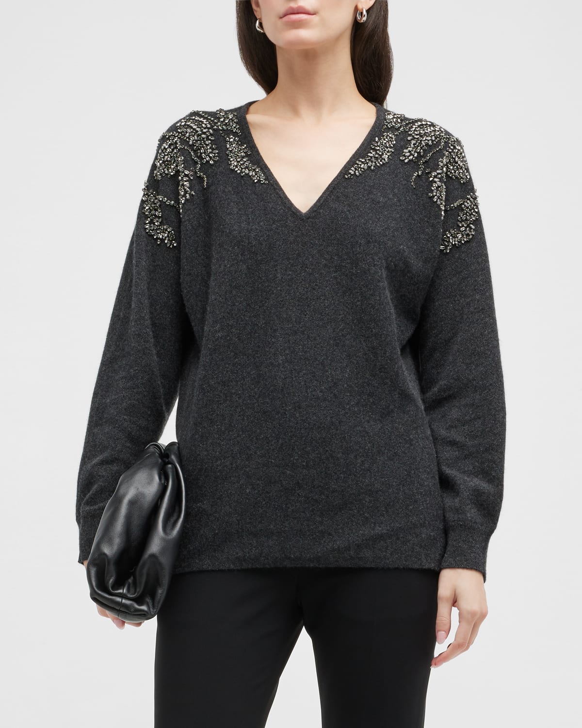 Neiman Marcus Cashmere Embellished Dolman Sweater In Charcoalgunmetal
