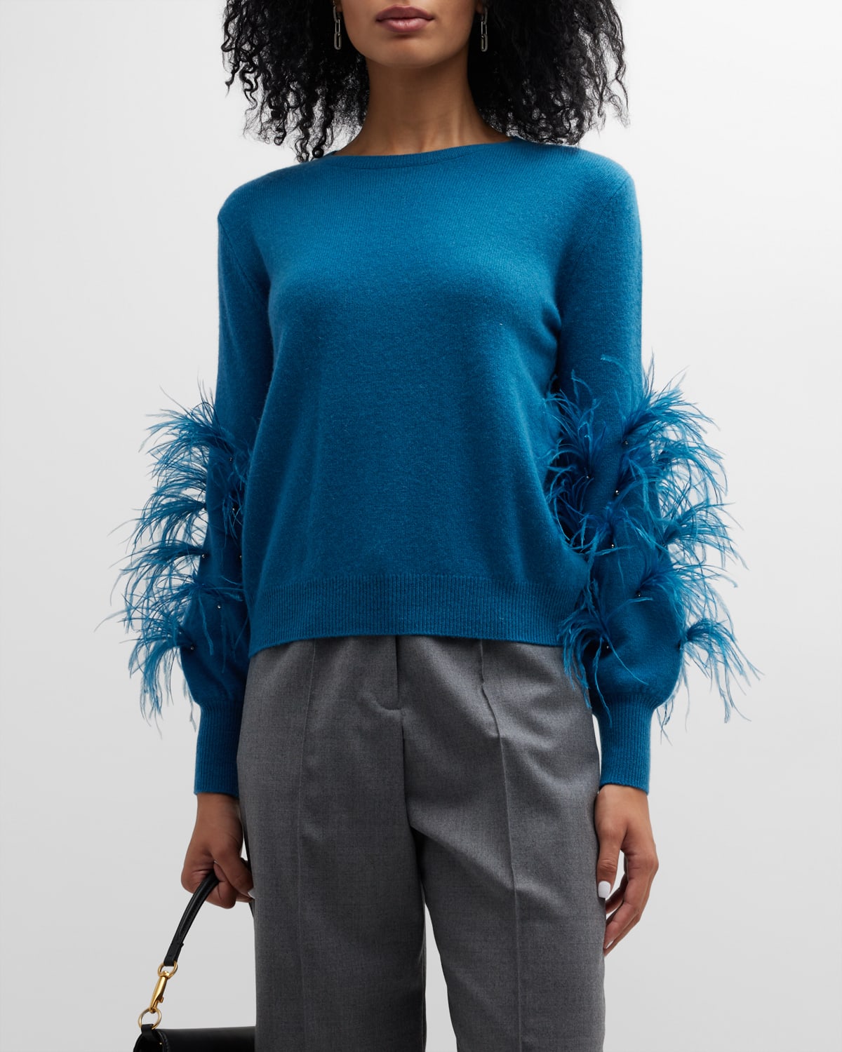 Neiman Marcus Cashmere Sweater W/ Feather Detail In Peacock