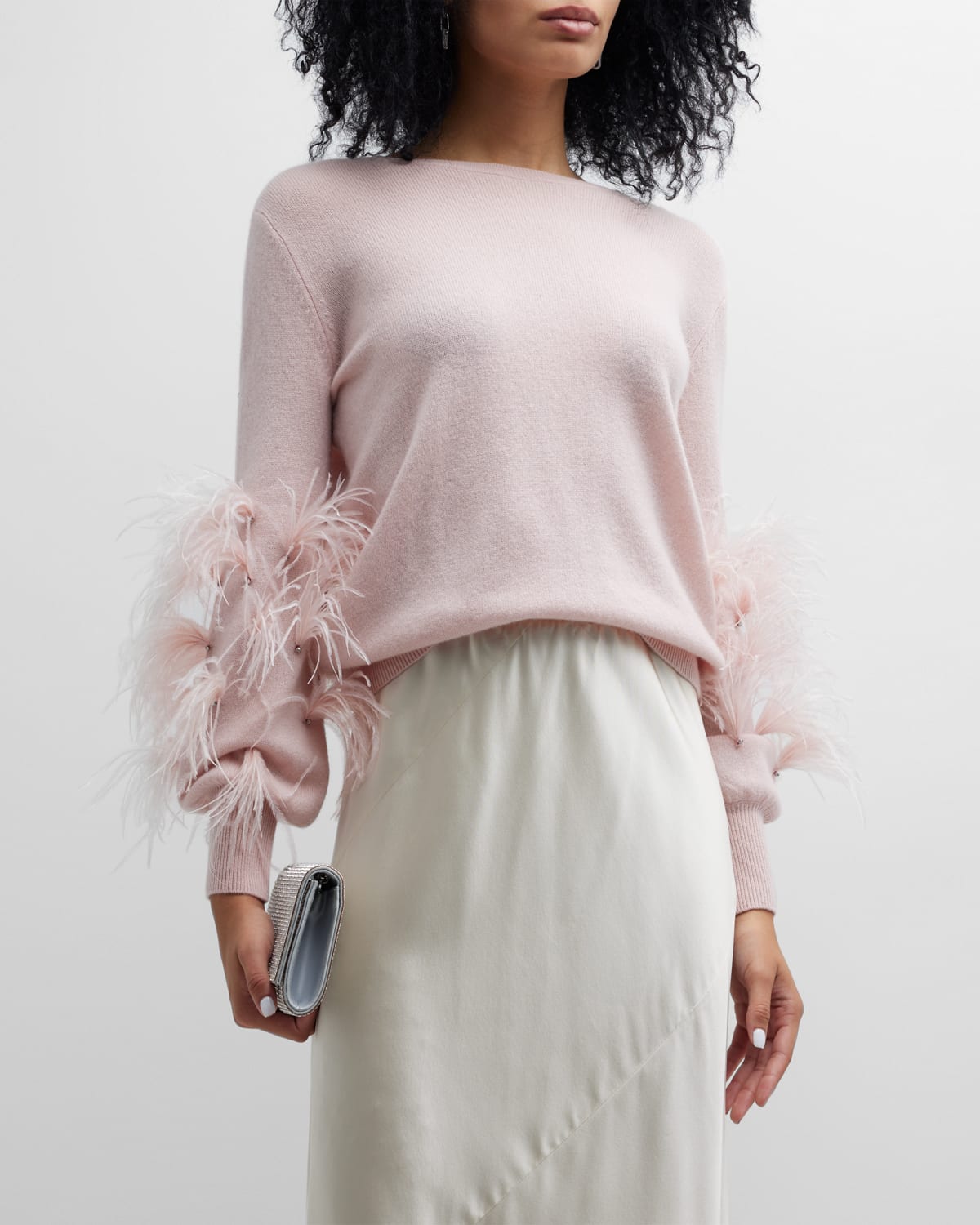 Neiman Marcus Cashmere Sweater W/ Feather Detail In Blush