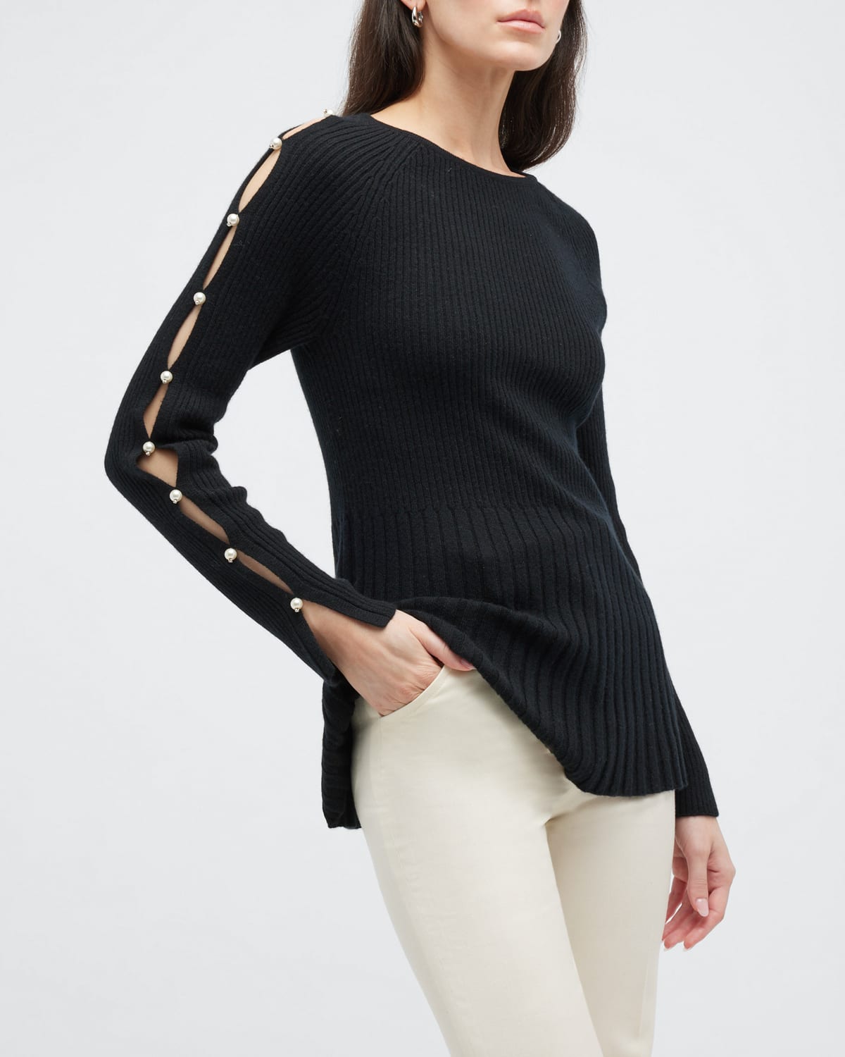 Neiman Marcus Cashmere Ribbed Crewneck W/ Pearl Embellishments In Black
