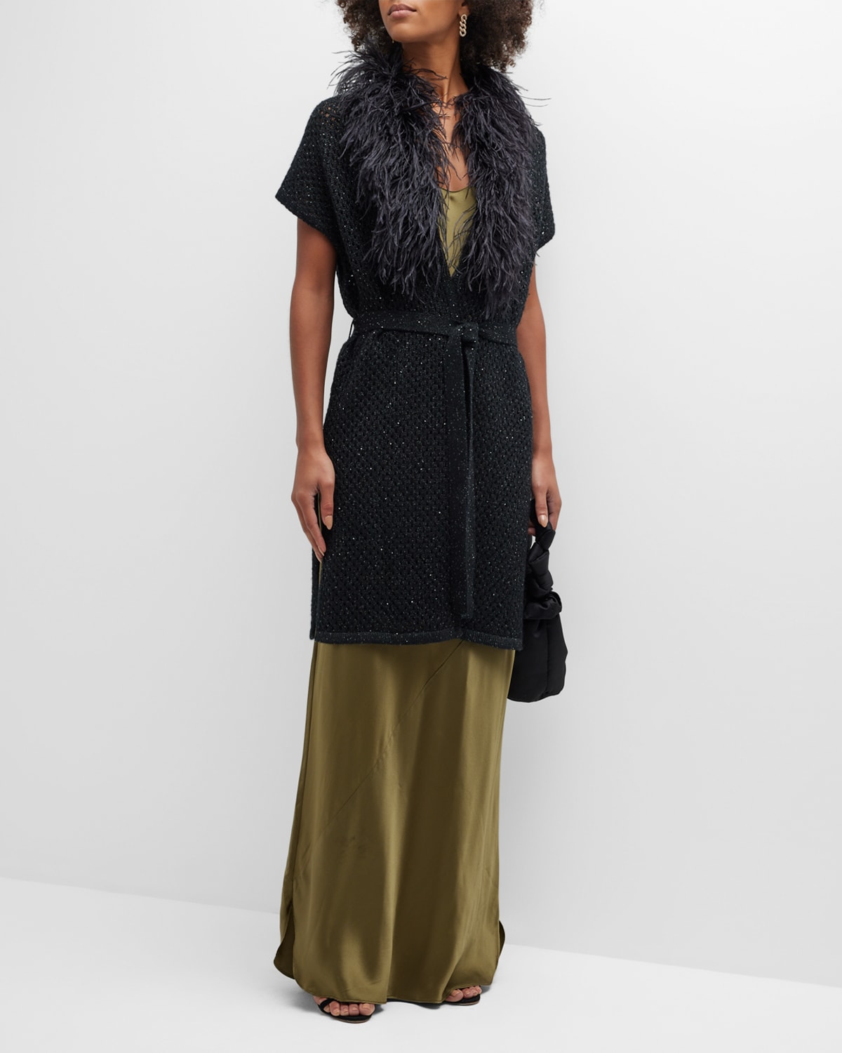 Neiman Marcus Cashmere Mesh Vest W/ Feather Shawl In Blackcharcoal