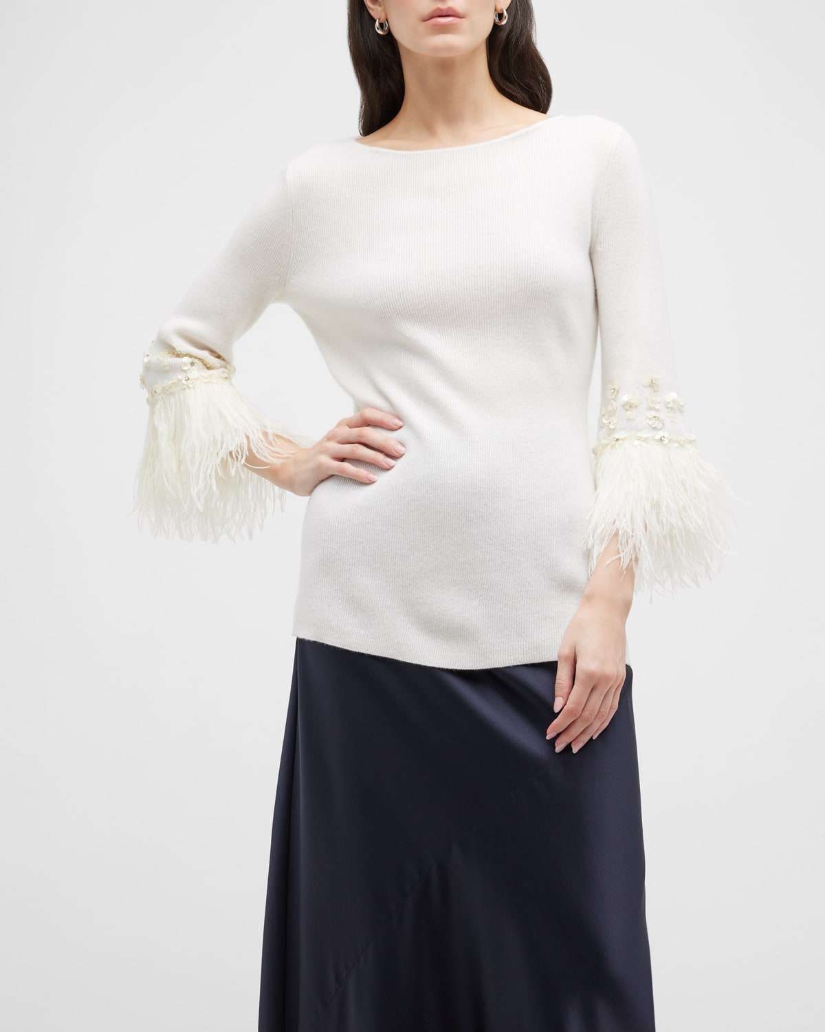 Neiman Marcus Cashmere Embellished Feather-cuff Sweater In White