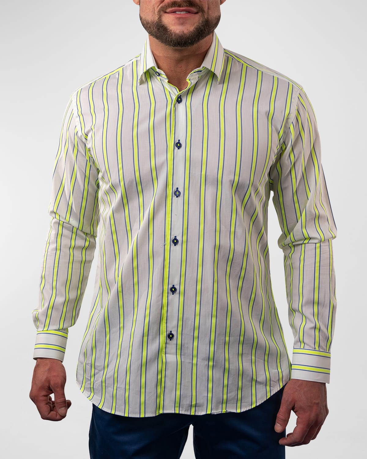 Maceoo Fibonacci Fluorescent Double Stripe Regular Fit Print Button-up Shirt In White