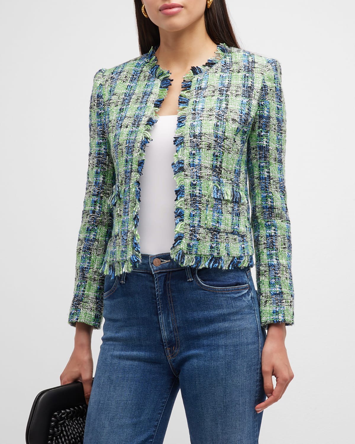 L Agence Angelina Tweed Open-front Fringe Blazer In Greenblue Multi