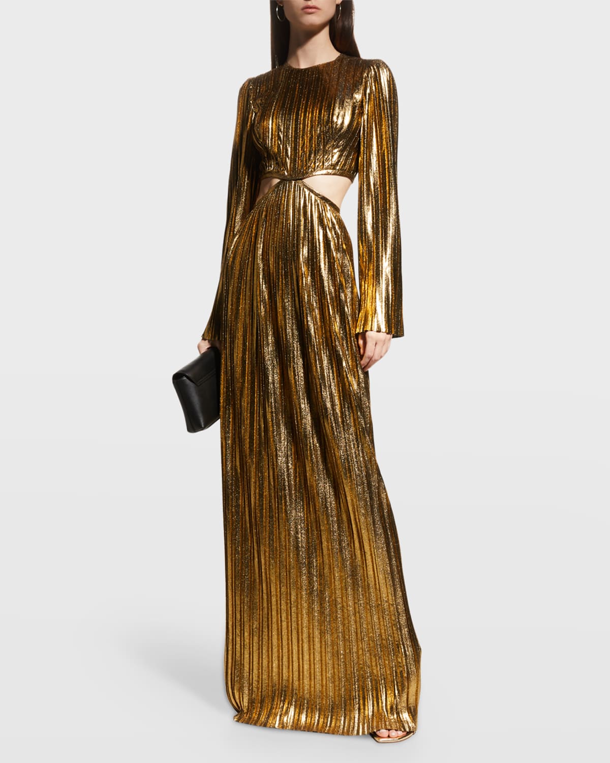 Cutout Metallic Pleated Long-Sleeve Gown