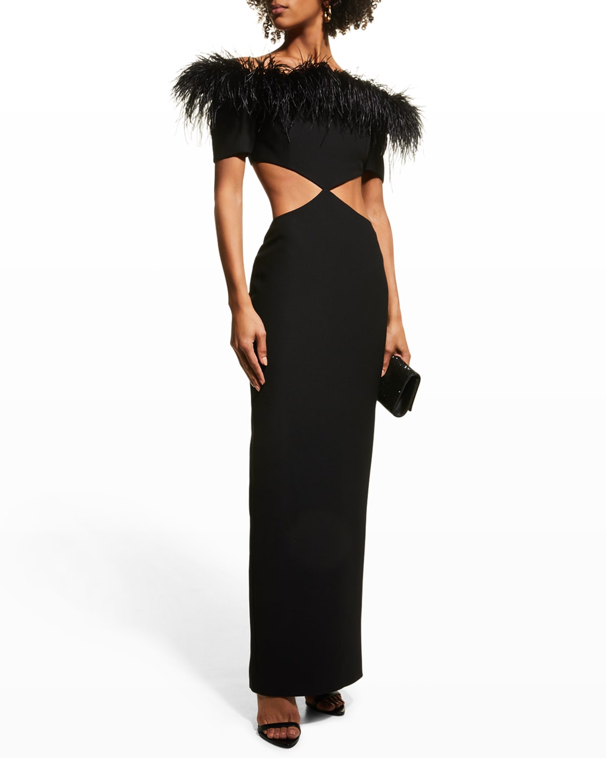 Cutout Feather Off-The-Shoulder Gown