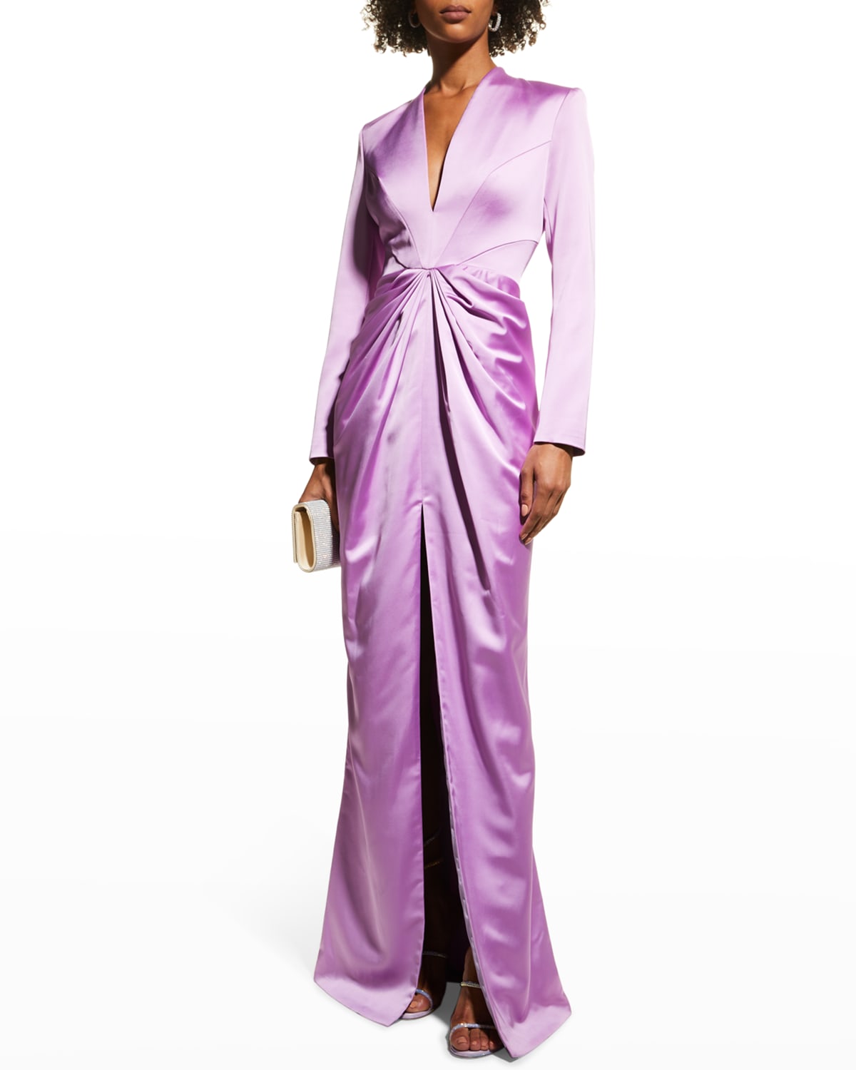 Draped Front-Slit Satin Gown