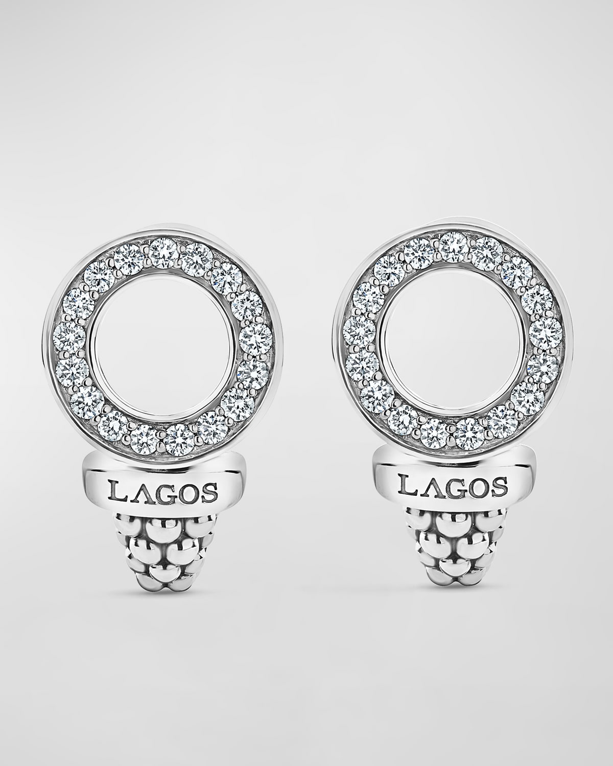 Lagos Caviar Spark Diamond 13mm Circle Omega Clip Earrings In Silver