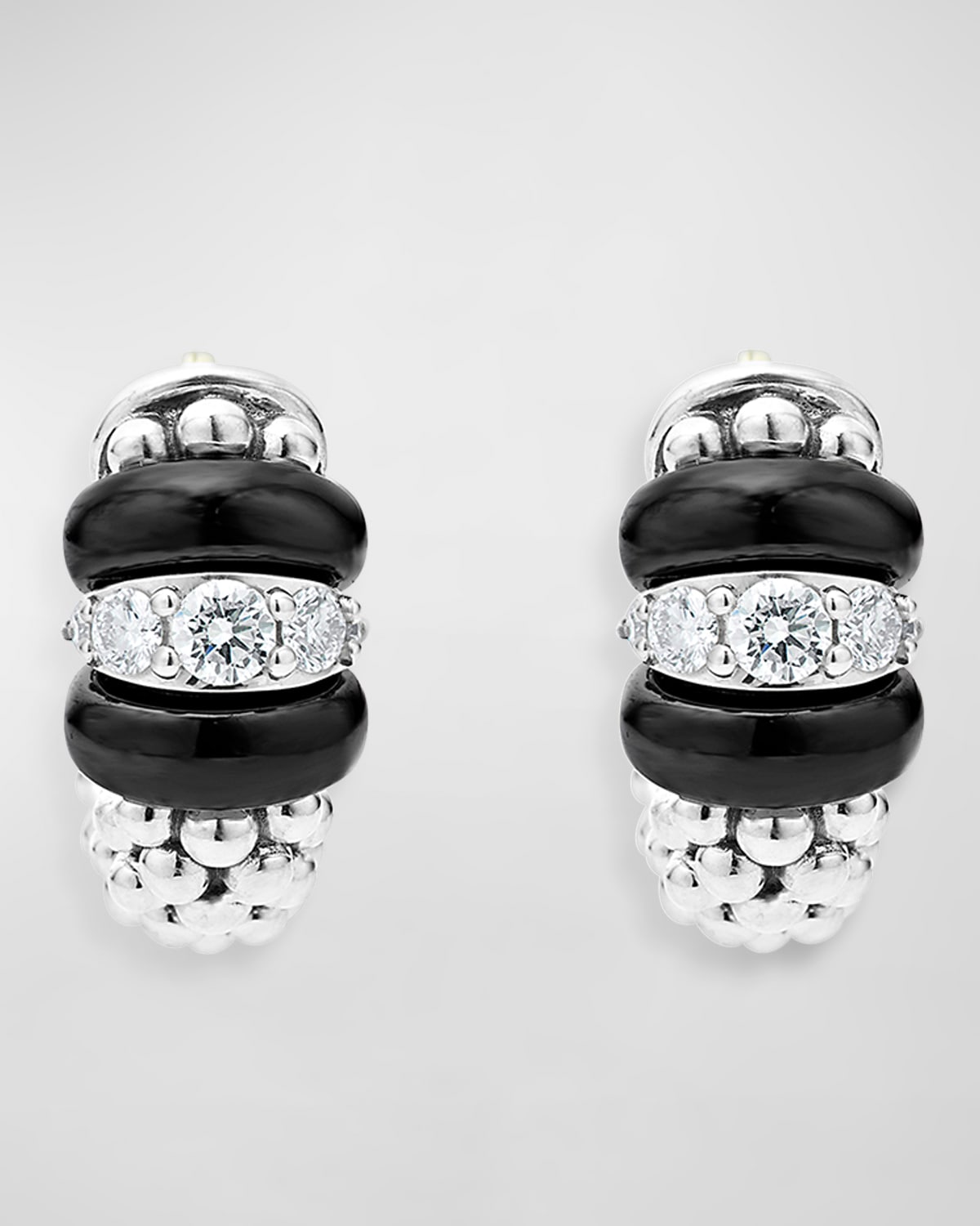 Lagos Sterling Silver Black Caviar Ceramic & Diamond Bead Huggie Hoop Earrings In Silver