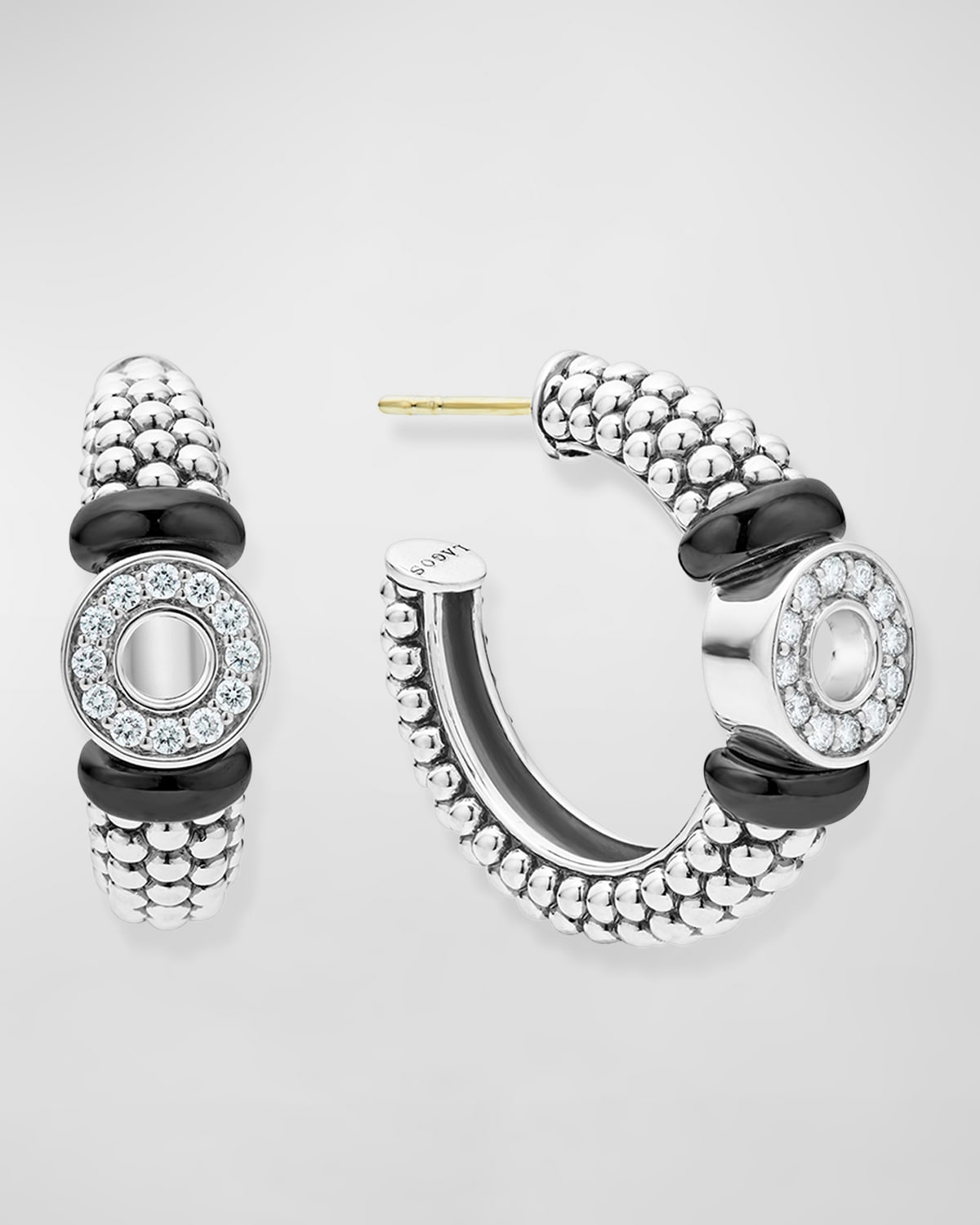 Lagos Black Caviar Diamond Huggie Hoop Earrings In Silver