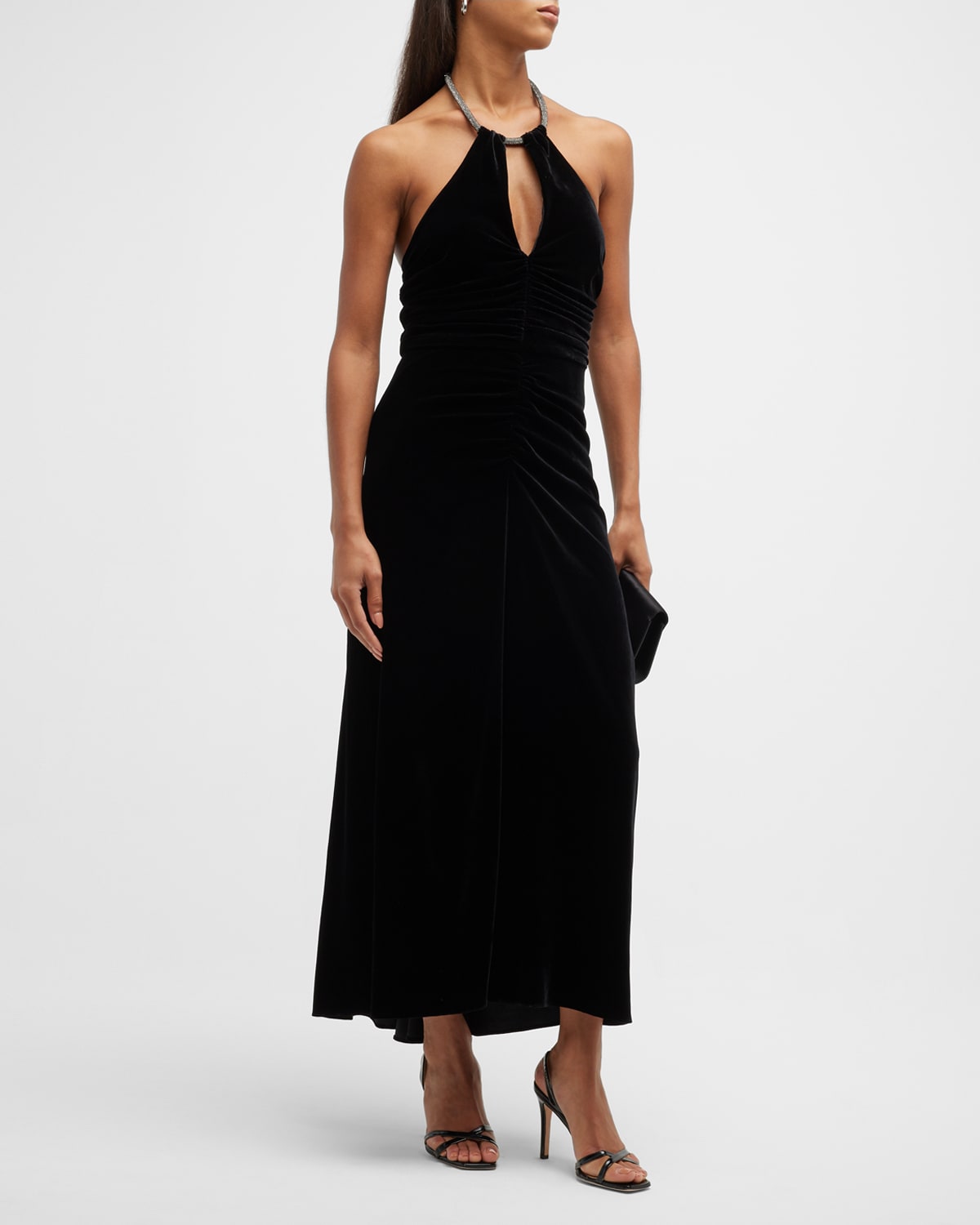 Veronica Beard Josette Crystal-embellished Ruched Velvet Halterneck Midi Dress In Black