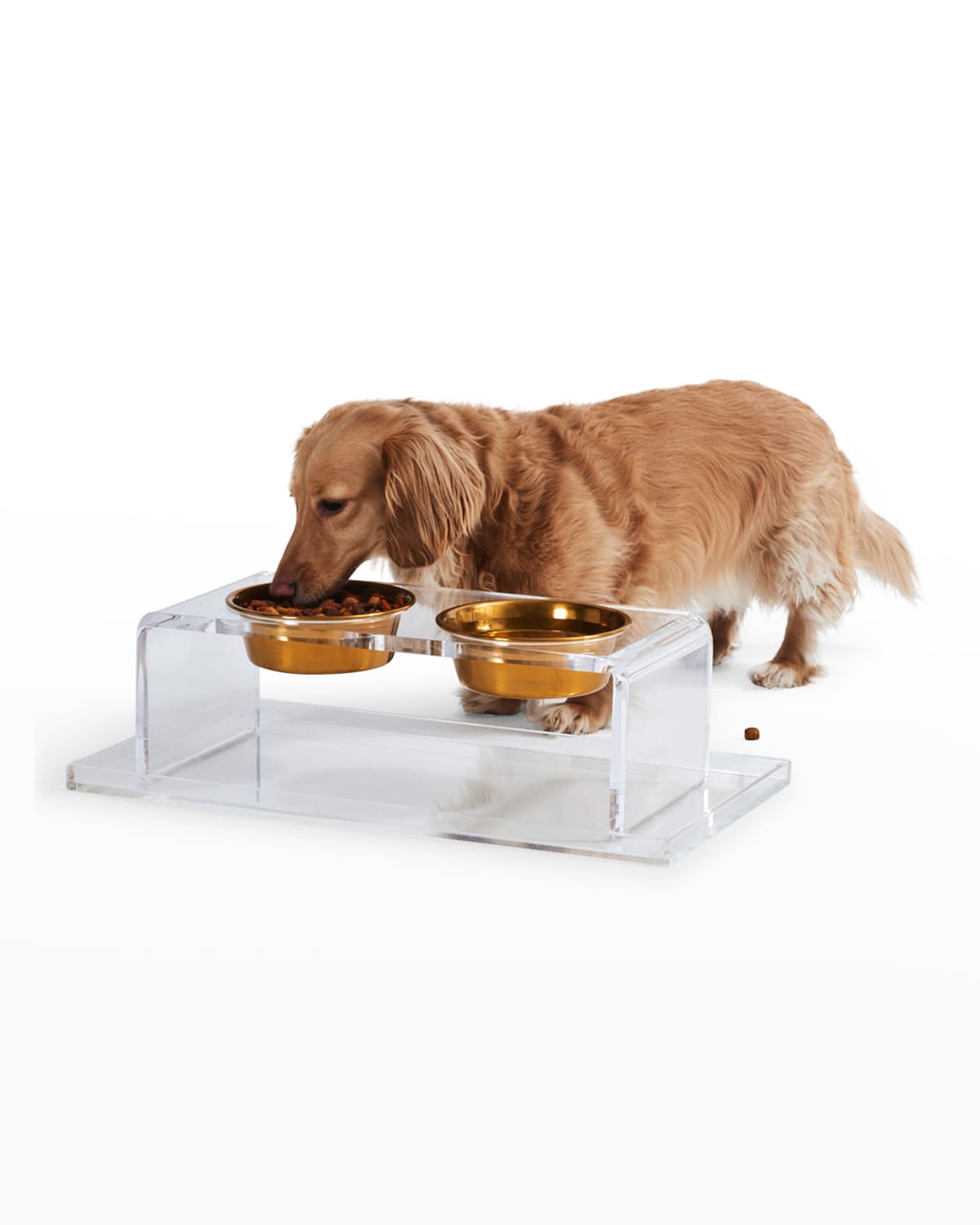 Hiddin Small Clear Double Pet Bowl Feeder With 1 Pint Gold Bowls