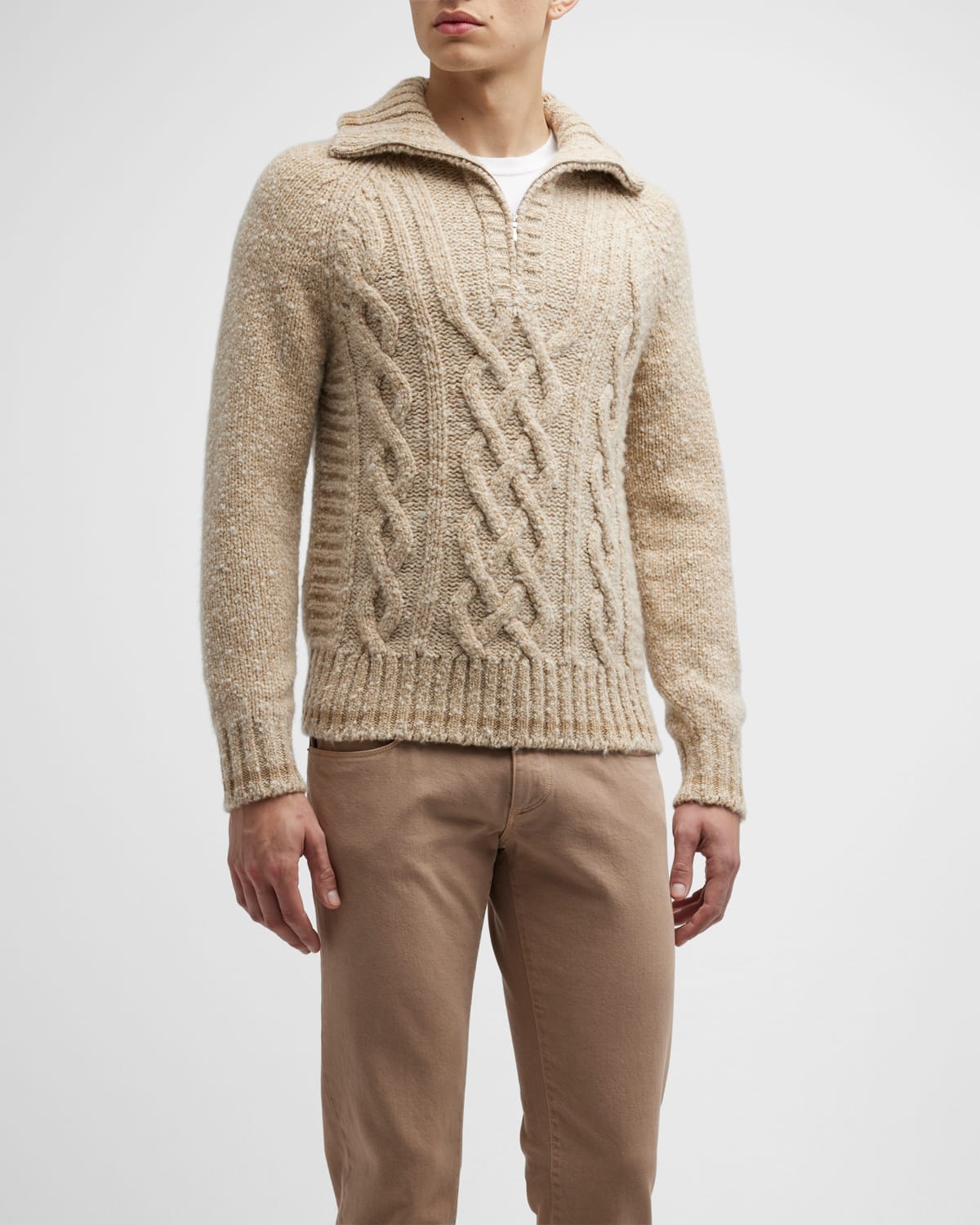 Loro Piana Snow Wander Cable Front Cashmere Half Zip Sweater In Sand Beige
