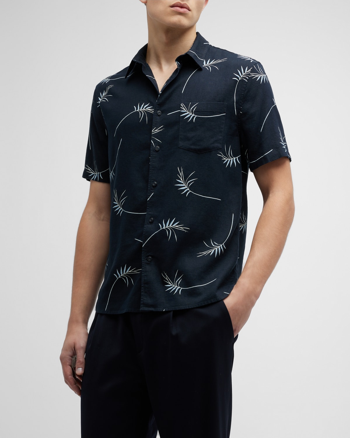 Vince Willow Leaf Short Sleeve Linen Blend Button-up Shirt In Coastal