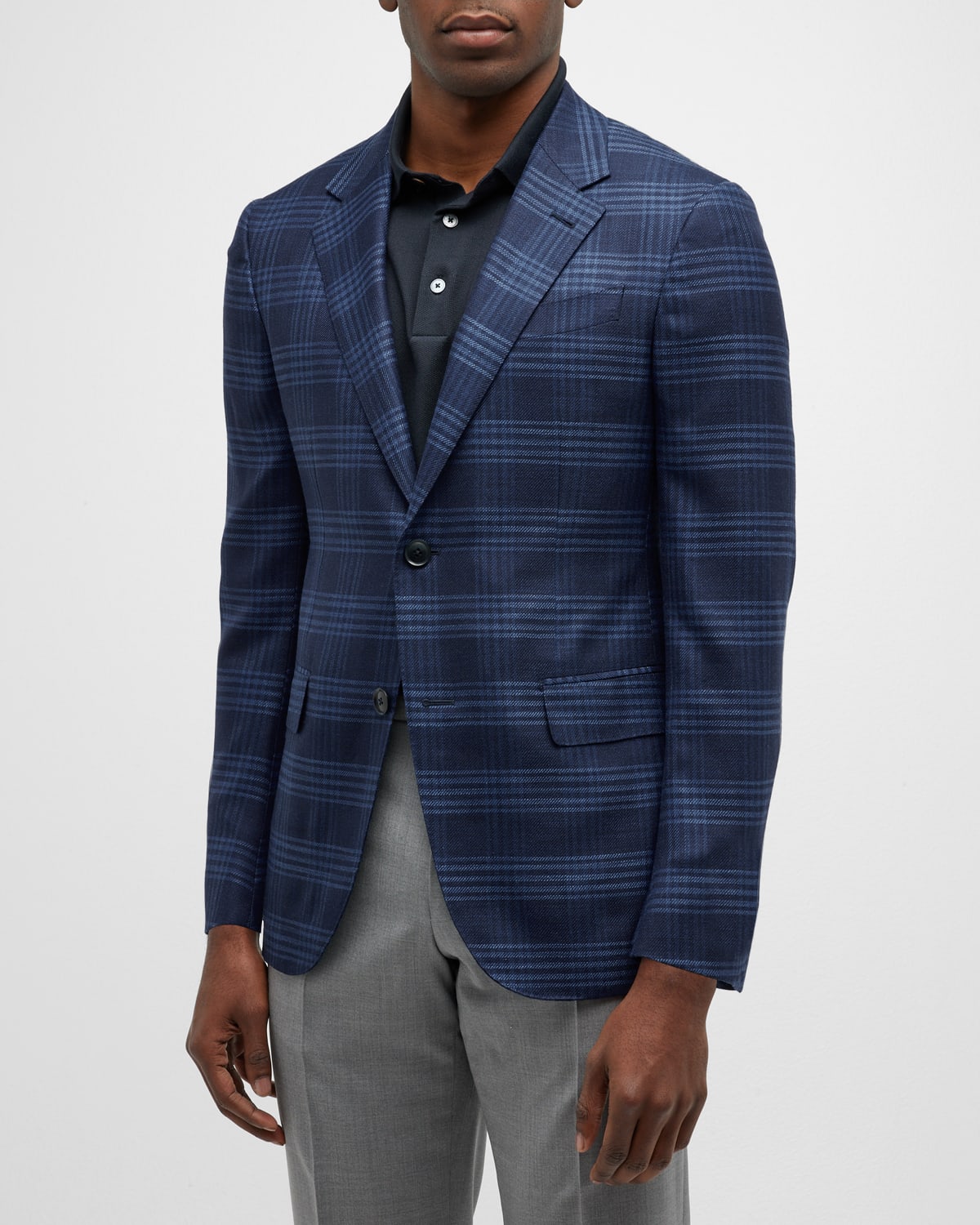 Shop Zegna Men's Plaid Wool-silk Sport Coat In Blue Navy Check