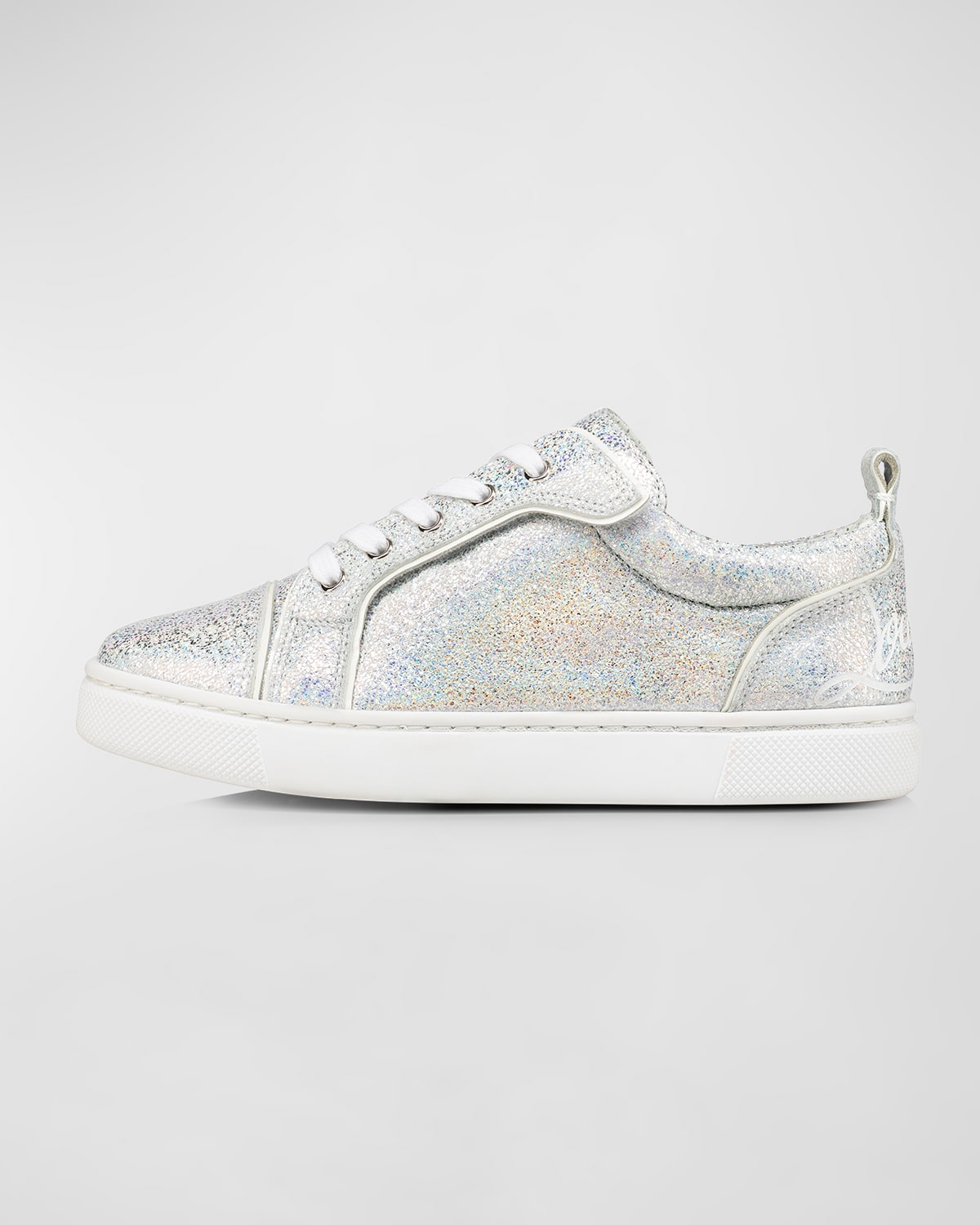 Shop Christian Louboutin Girl's Funnyto Sparkle Leather Sneakers, Toddler/kids In White Abbianco