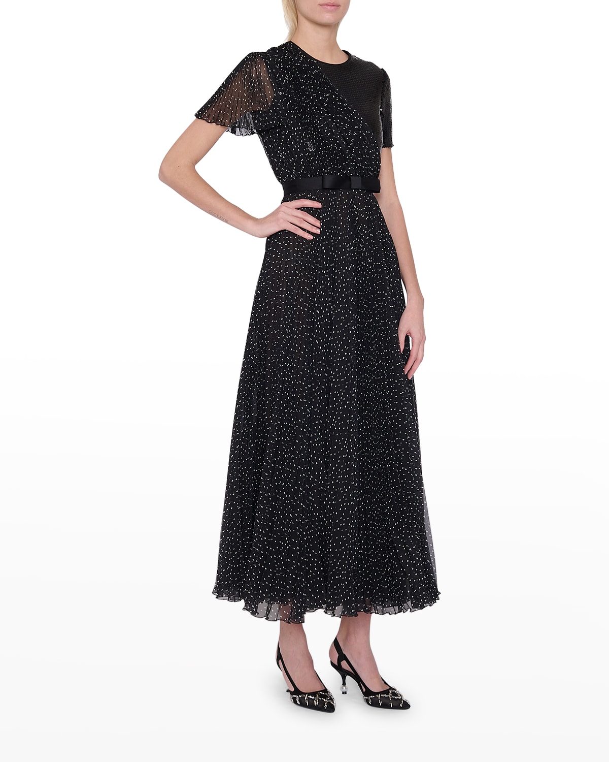 Sequin Polka-Dot Pleated Silk Georgette Midi Dress