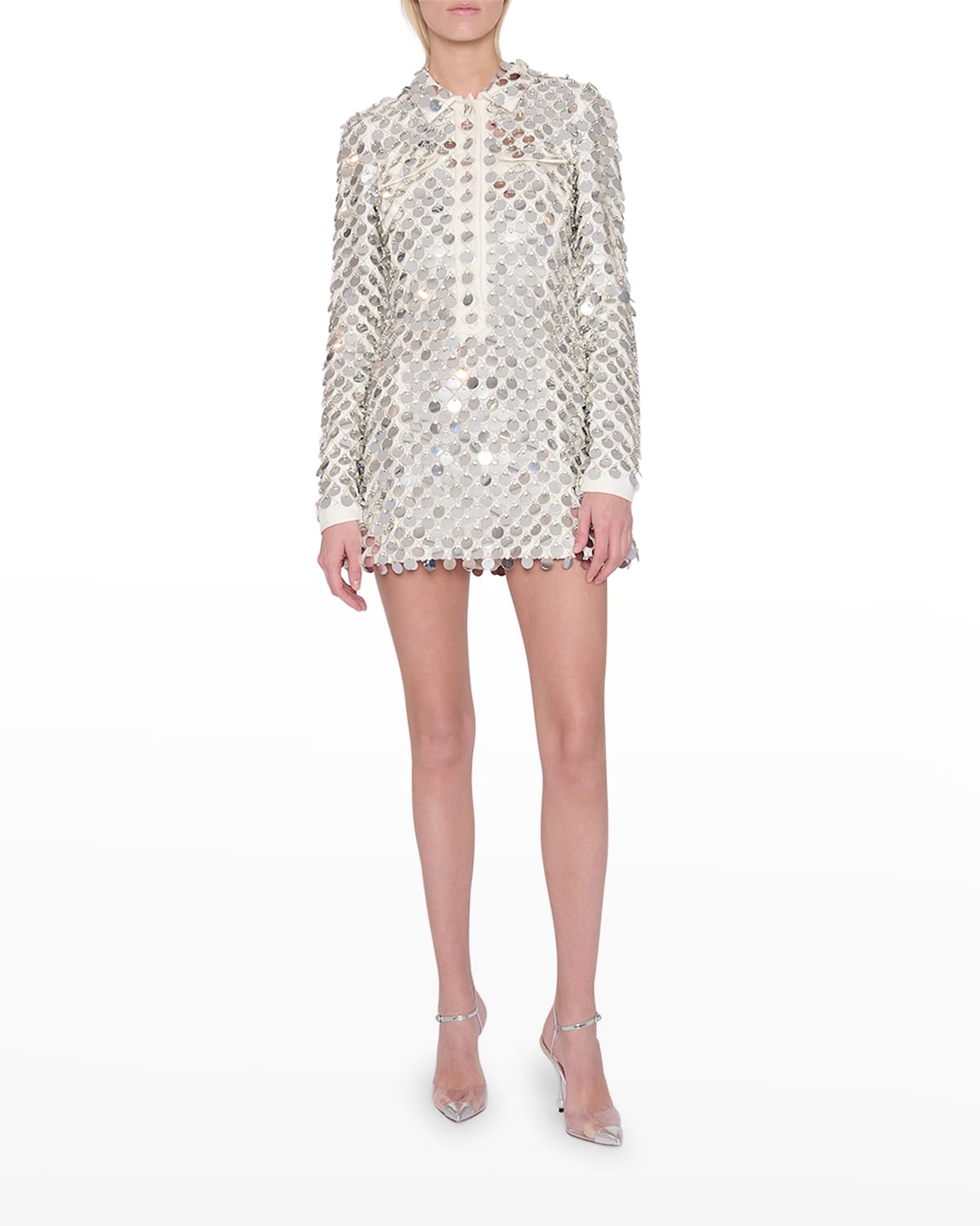 Sequin Embroidered Crepe Mini Shirtdress