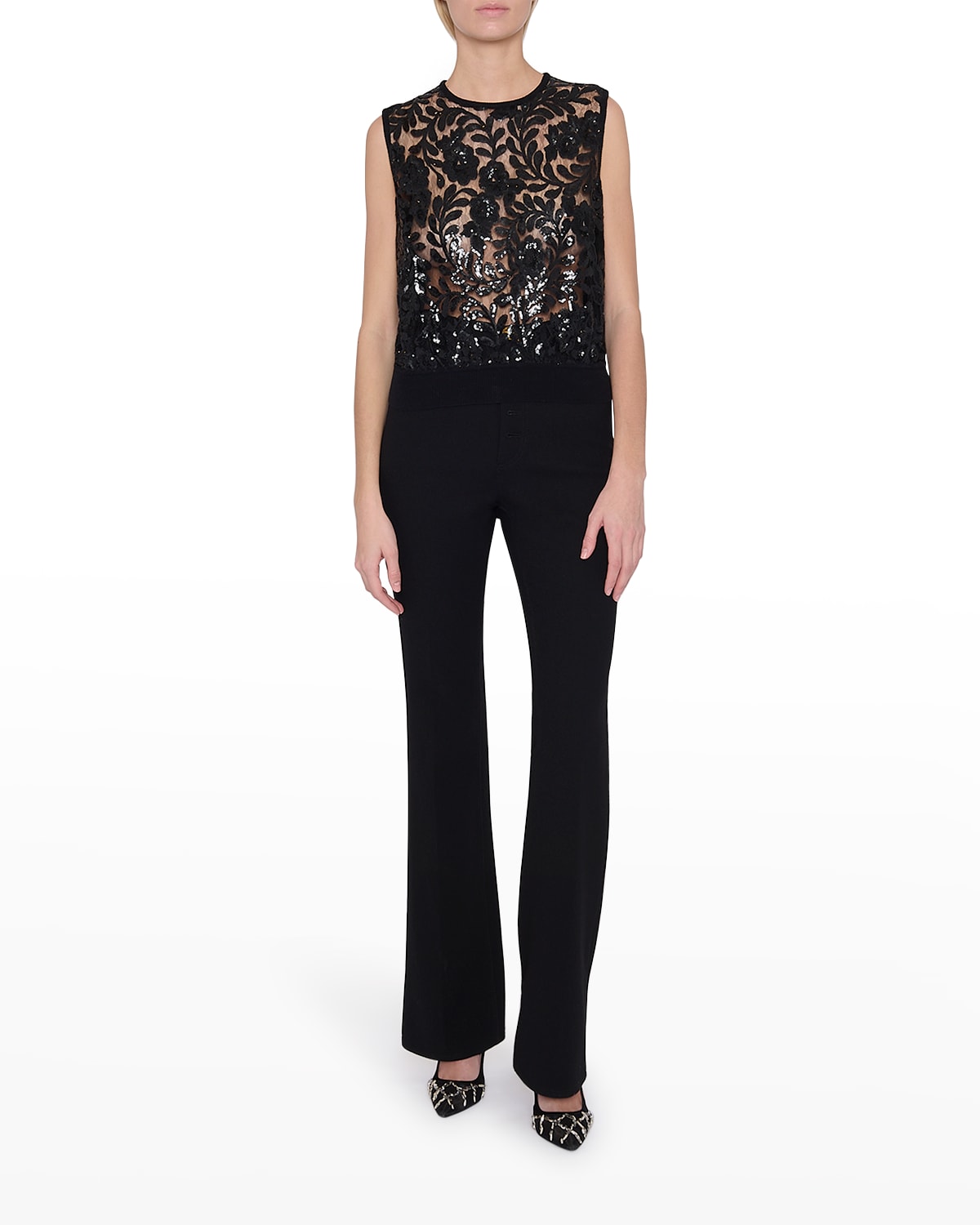 Sequin Lace-Insert Cashmere Tank Top