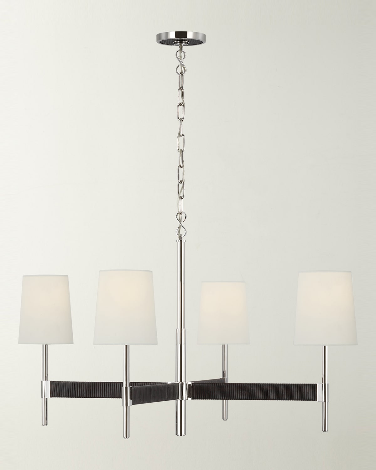 Suzanne Kasler Elle Large Chandelier In Polished Nickel And Black Rattan With Linen Shades By