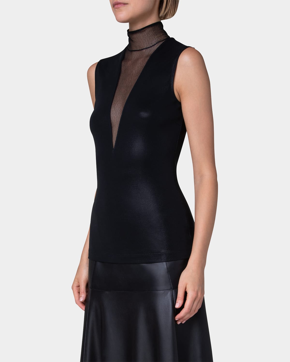 AKRIS LIQUID JERSEY TOP WITH TULLE NECK DETAIL