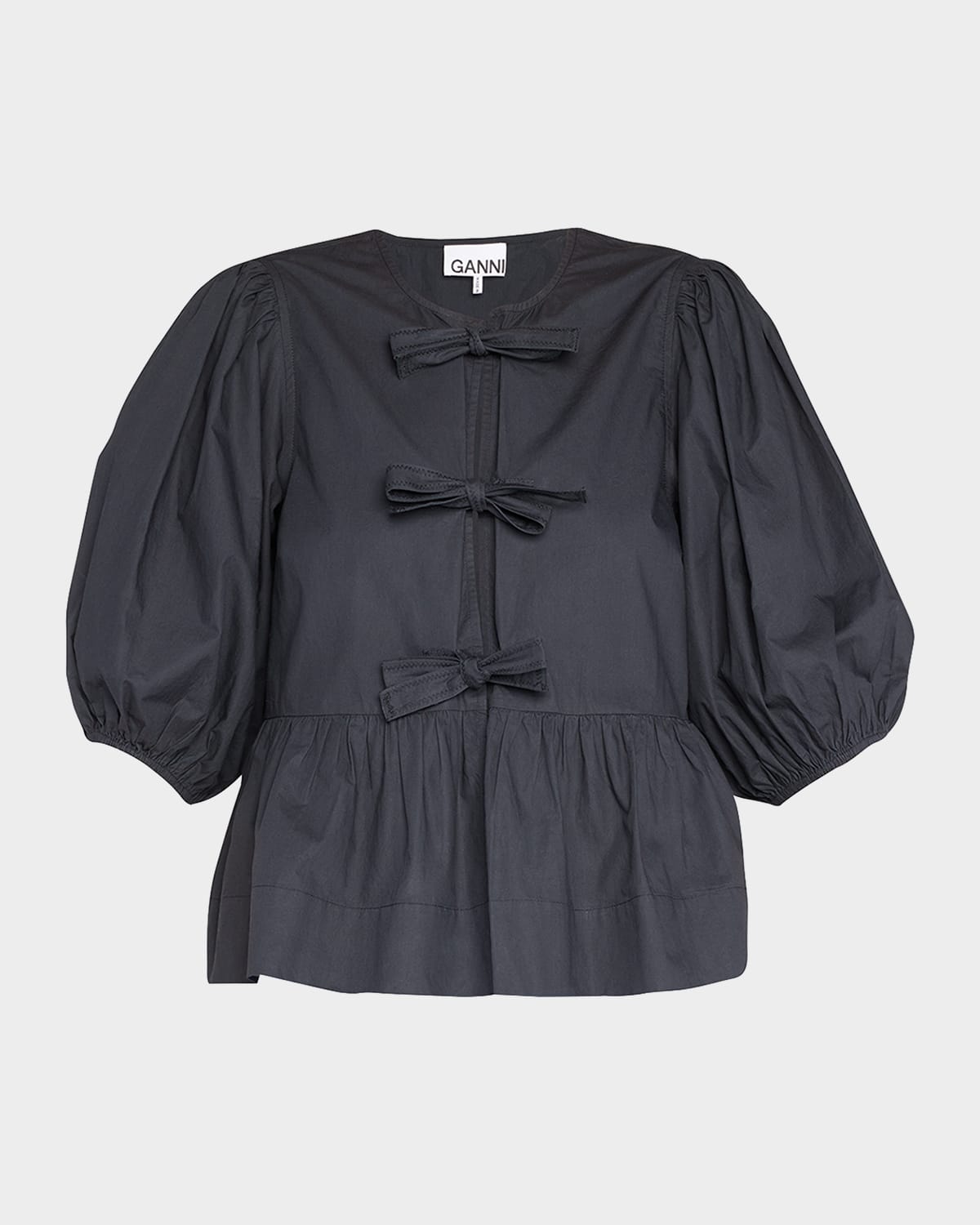 Ganni Poplin Front-tie Peplum Blouse With Puffed-sleeves In Black