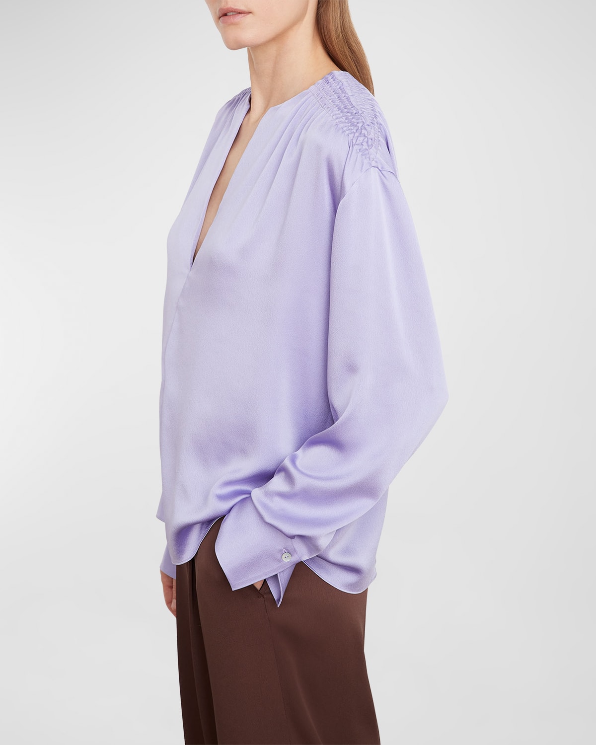 Vince Smocked-shoulder Satin Blouse In Lily Stone