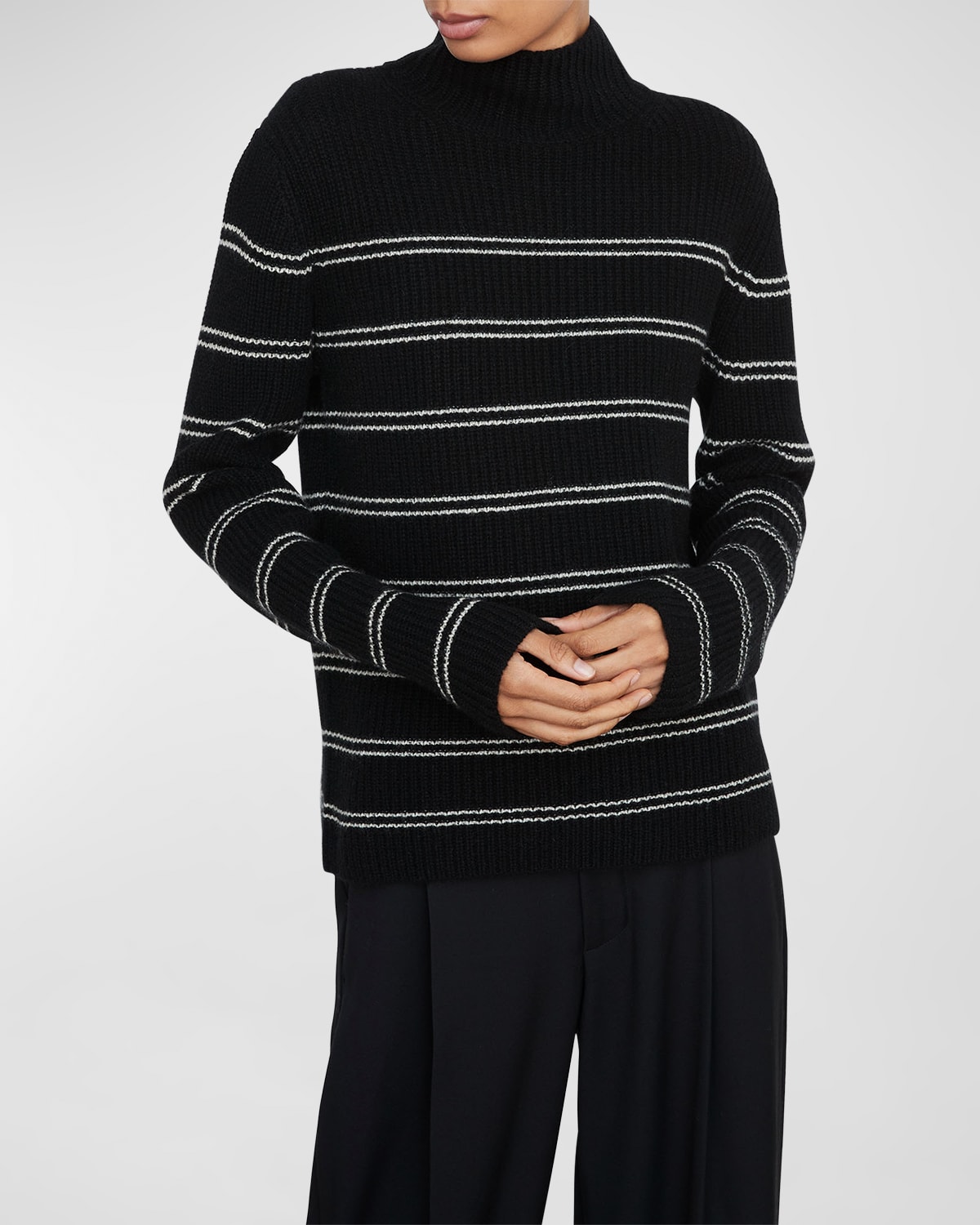 Vince Striped Cashmere Shaker Rib Turtleneck Sweater