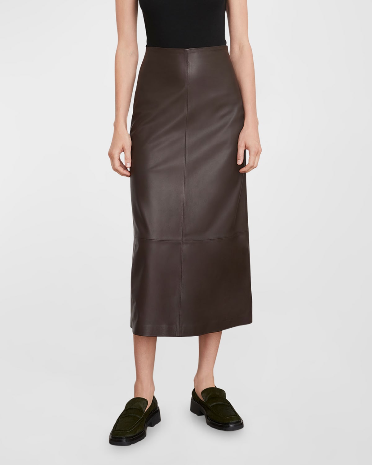Vince Leather Straight Midi Skirt In Hickory