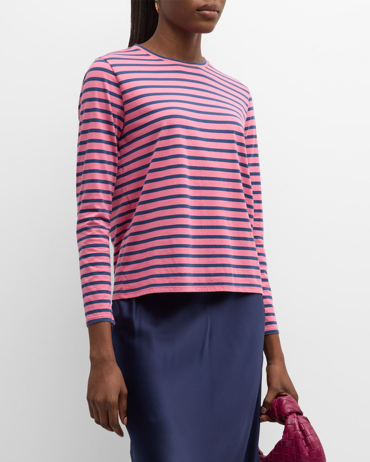 Frances Valentine Striped Pima Cotton Crewneck Top In Pink Navy