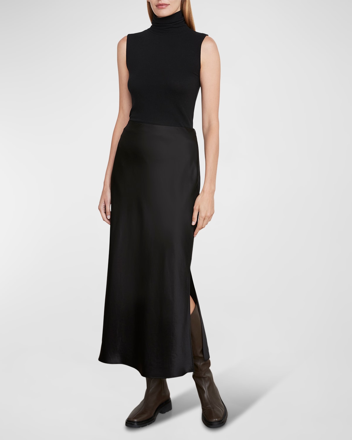 Vince Side Slit Matte Satin Slip Skirt In Black