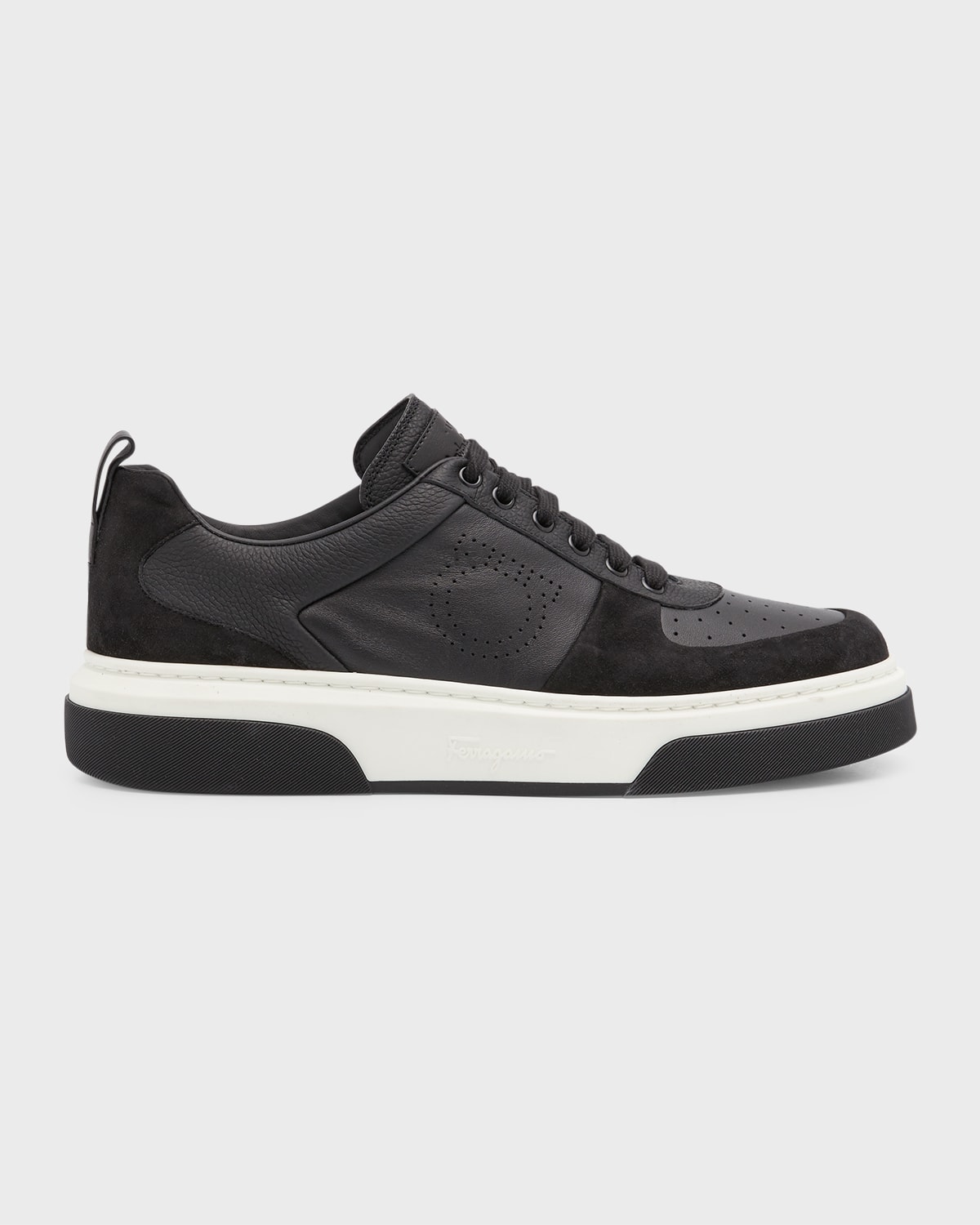 Shop Ferragamo Men's Cassina Perforated Leather Low-top Sneakers In Nero
