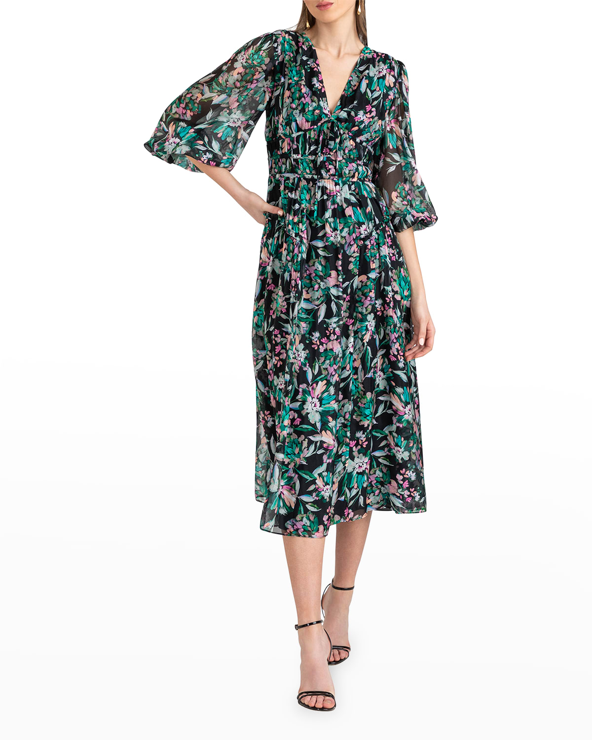 Puff-Sleeve Floral-Print Midi Dress
