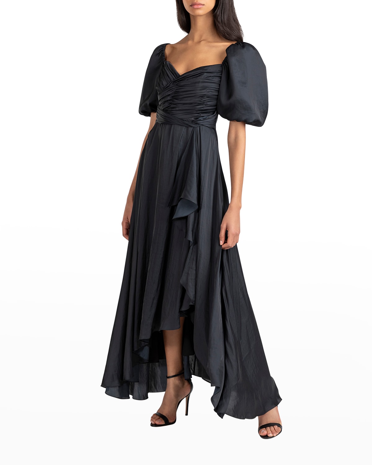 Ruched Puff-Sleeve High-Low Gown