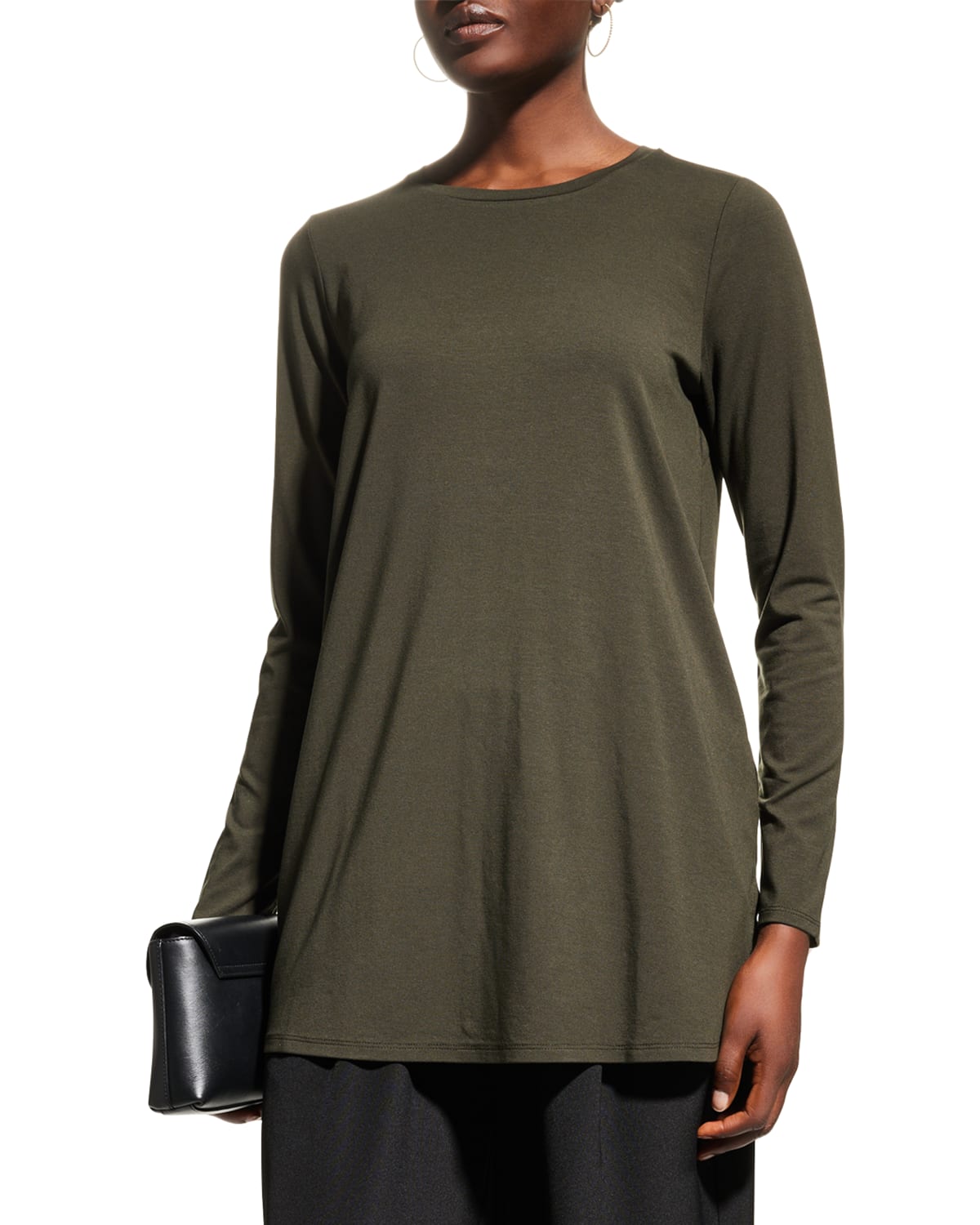 Eileen Fisher Side-slit Crewneck Jersey Tunic In Woodland
