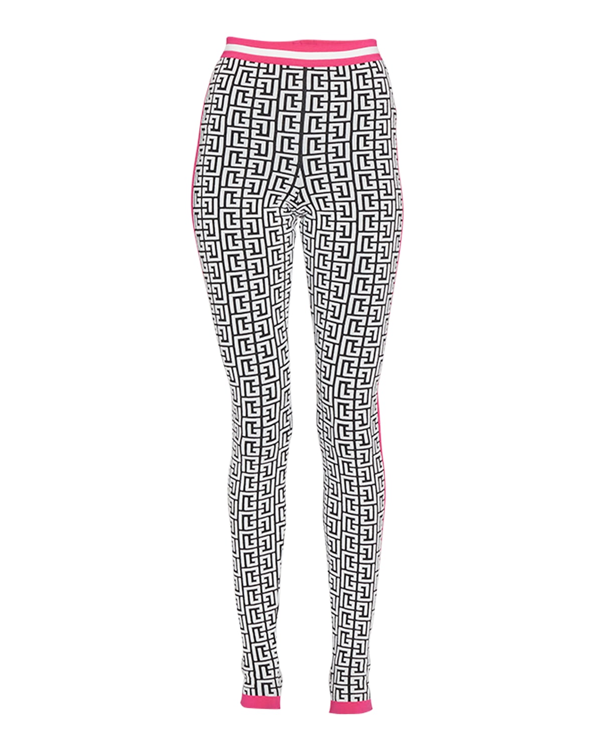 Balmain Side-stripe Monogram Knit Leggings In Blackwhitefuchsia