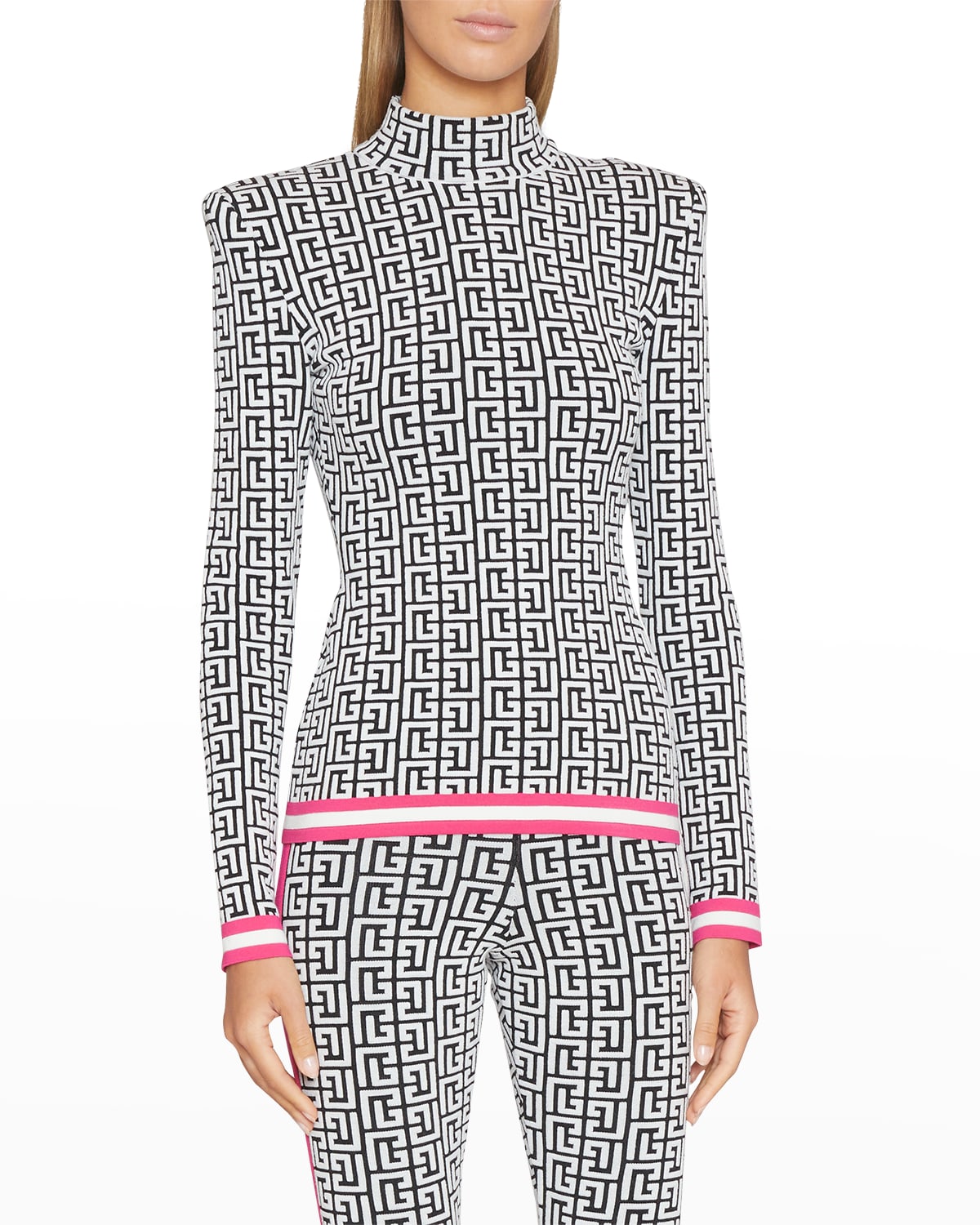 Balmain Monogram Mock-neck Strong-shoulder Sweater In Blackwhitefuchsia